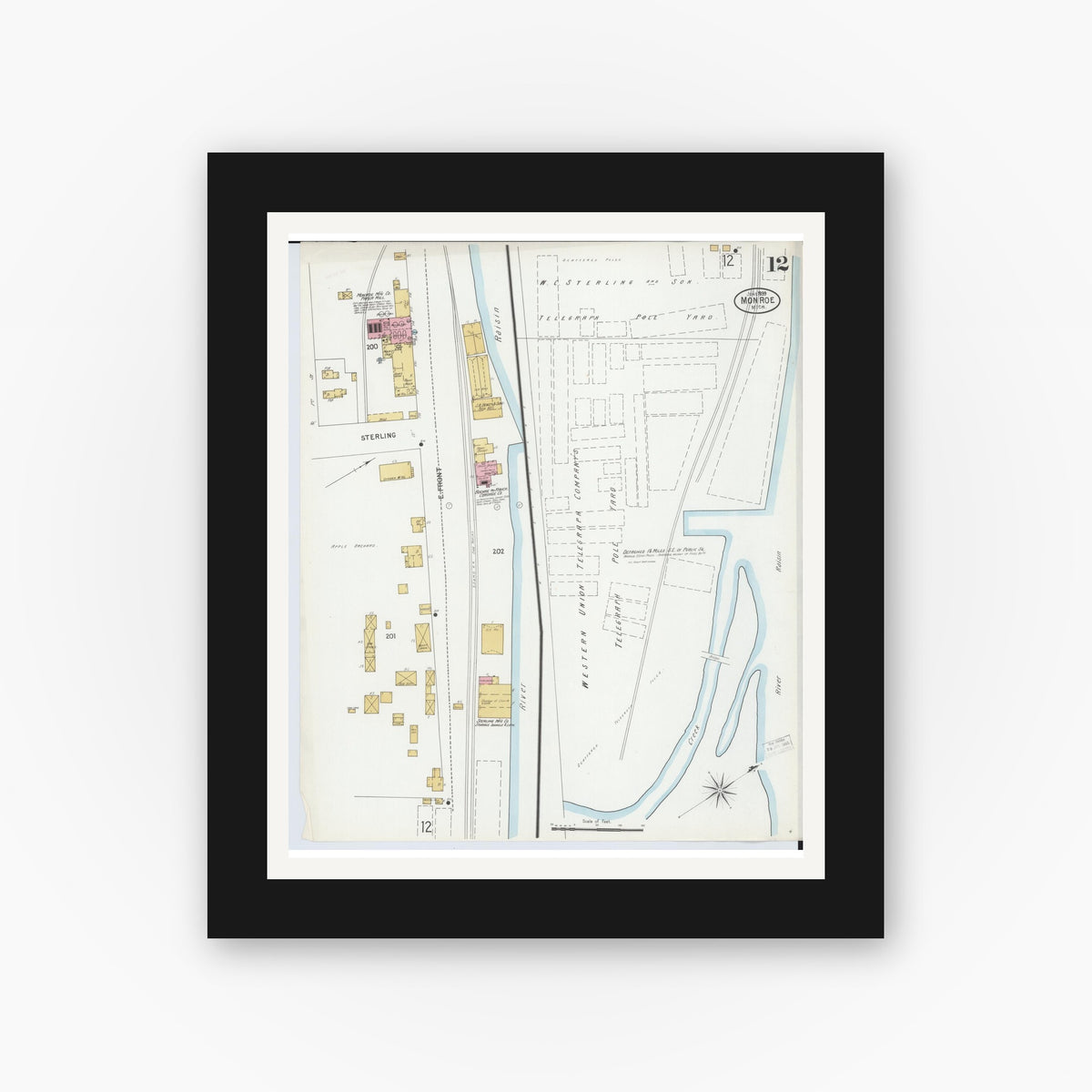 Old map wall art mockup — black gallery frame with white mat — Sanborn Fire Insurance Map from Monroe, Monroe County, Michigan (1899), Sheet #0012