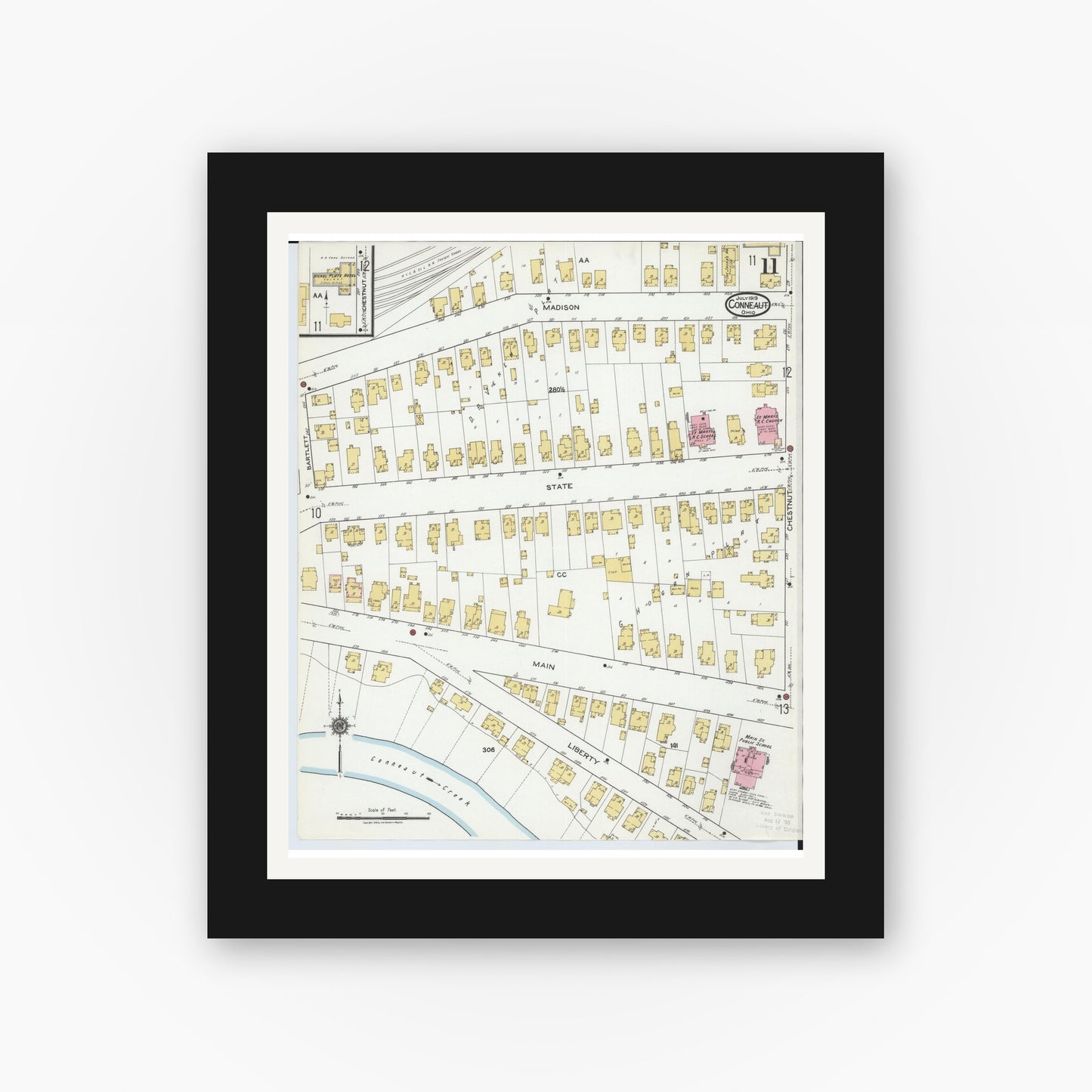 Old map wall art mockup — black gallery frame with white mat — Sanborn Fire Insurance Map from Conneaut, Ashtabula County, Ohio (1919), Sheet #0011