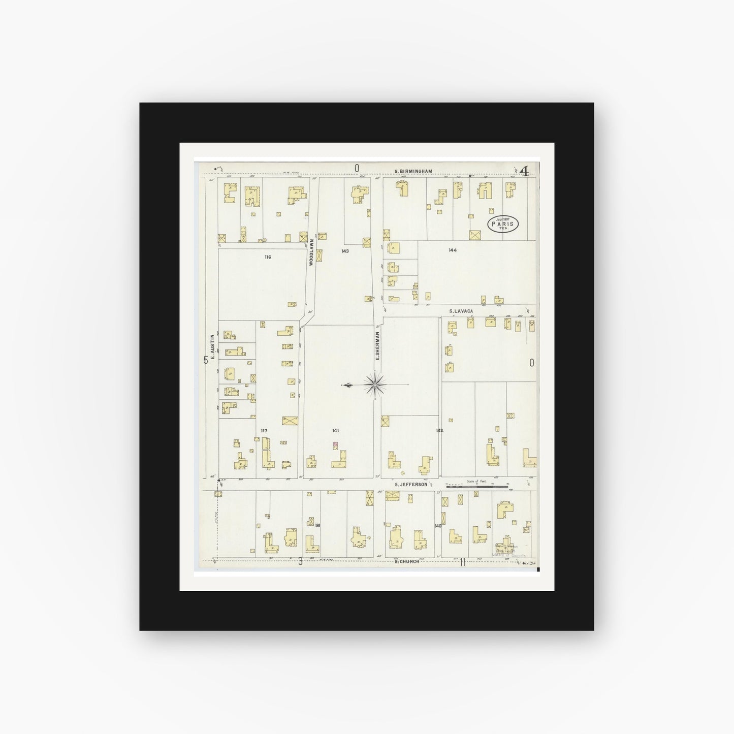 Old map wall art mockup — black gallery frame with white mat — Sanborn Fire Insurance Map from Paris, Lamar County, Texas (1897), Sheet #0004