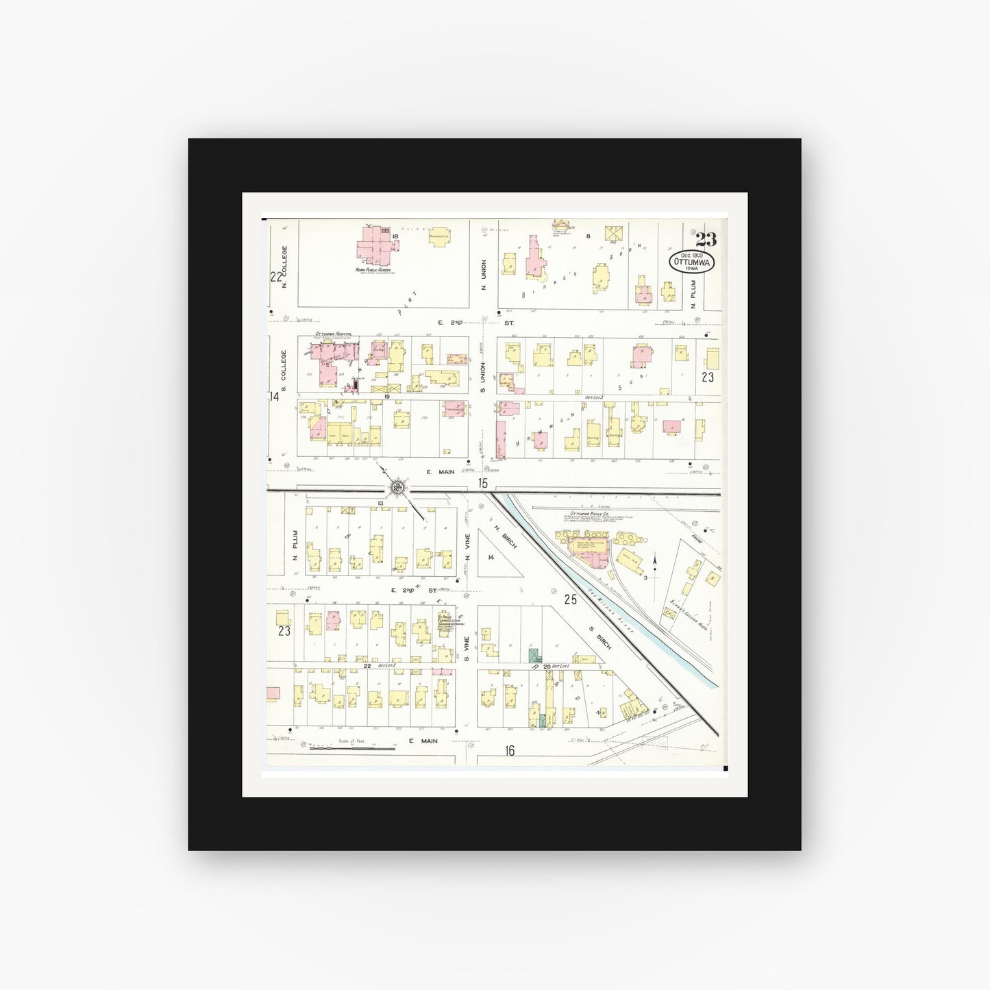 Old map wall art mockup — black gallery frame with white mat — Sanborn Fire Insurance Map from Ottumwa, Wapello County, Iowa (1909), Sheet #0023