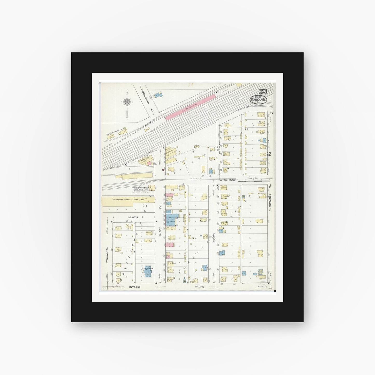 Old map wall art mockup — black gallery frame with white mat — Sanborn Fire Insurance Map from Kankakee, Kankakee County, Illinois (1914), Sheet #0023