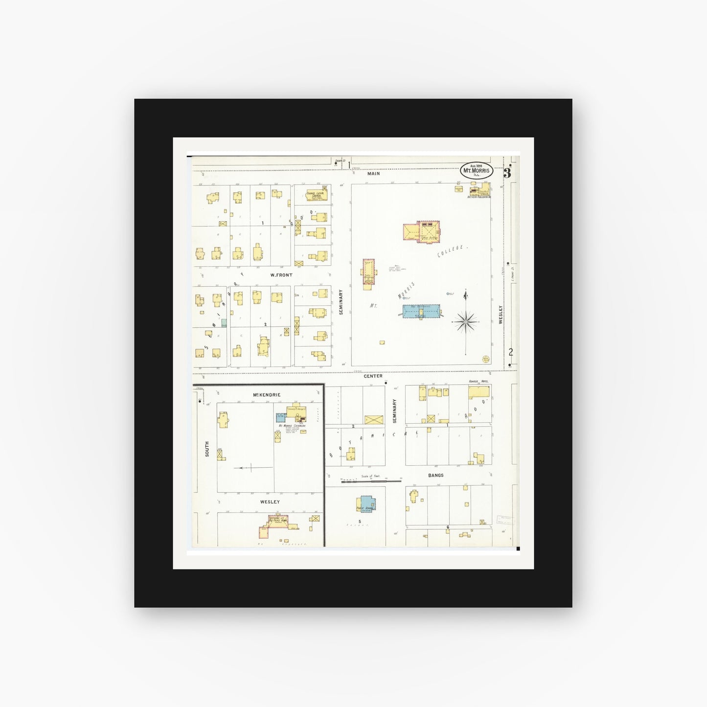 Old map wall art mockup — black gallery frame with white mat — Sanborn Fire Insurance Map from Mount Morris, Ogle County, Illinois (1899), Sheet #0003