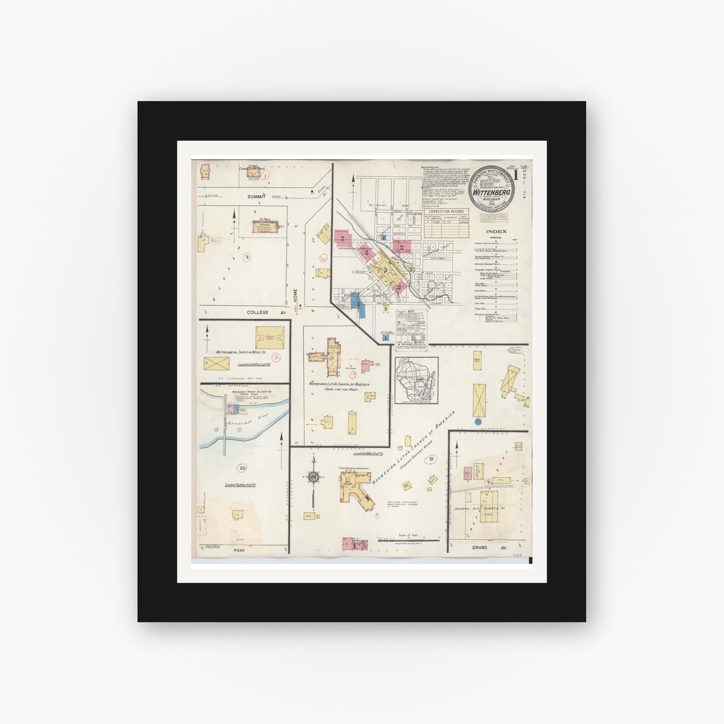 Old map wall art mockup — black gallery frame with white mat — Sanborn Fire Insurance Map from Wittenberg, Shawano County, Wisconsin (1939) - Complete Map Set