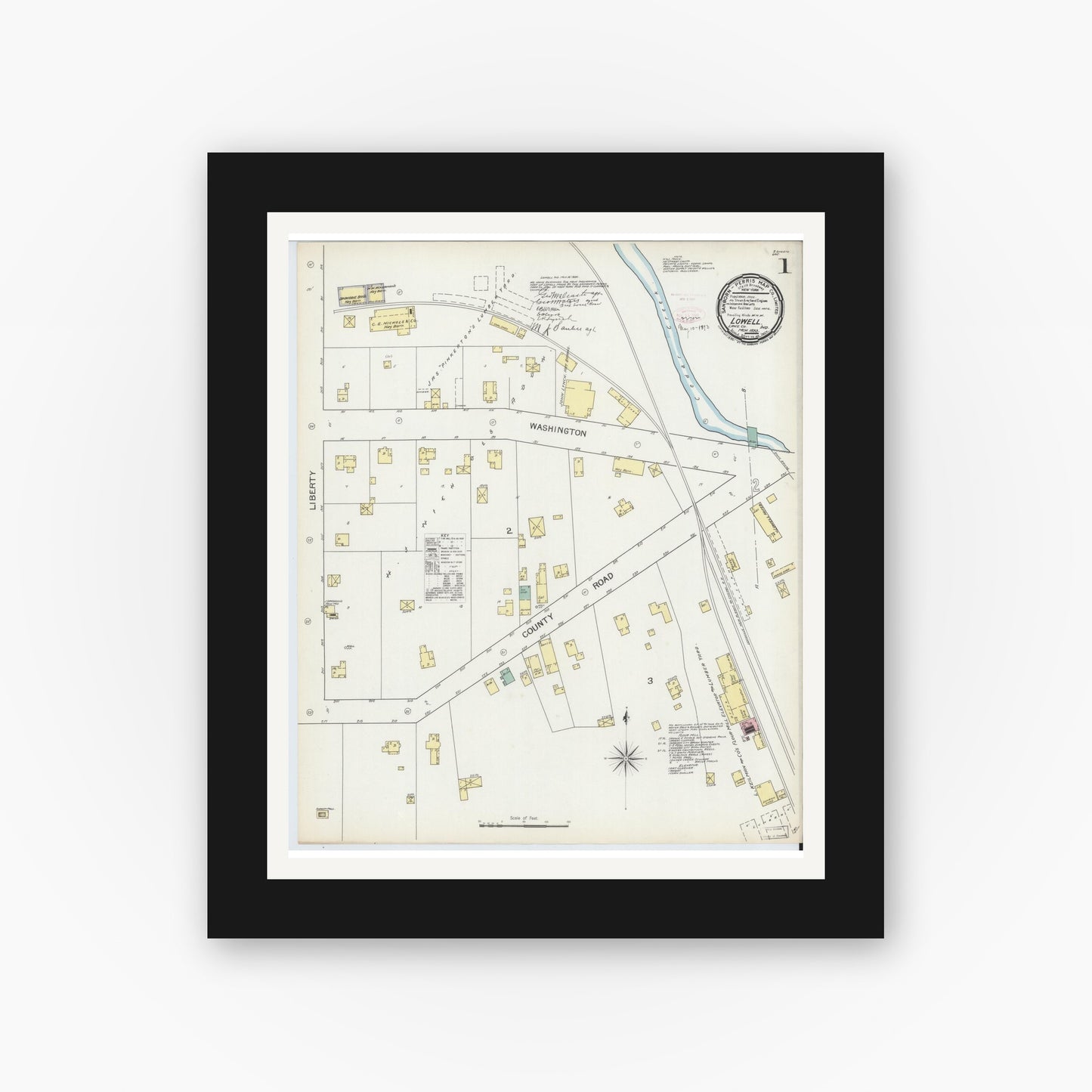Old map wall art mockup — black gallery frame with white mat — Sanborn Fire Insurance Map from Lowell, Lake County, Indiana (1893) - Complete Map Set