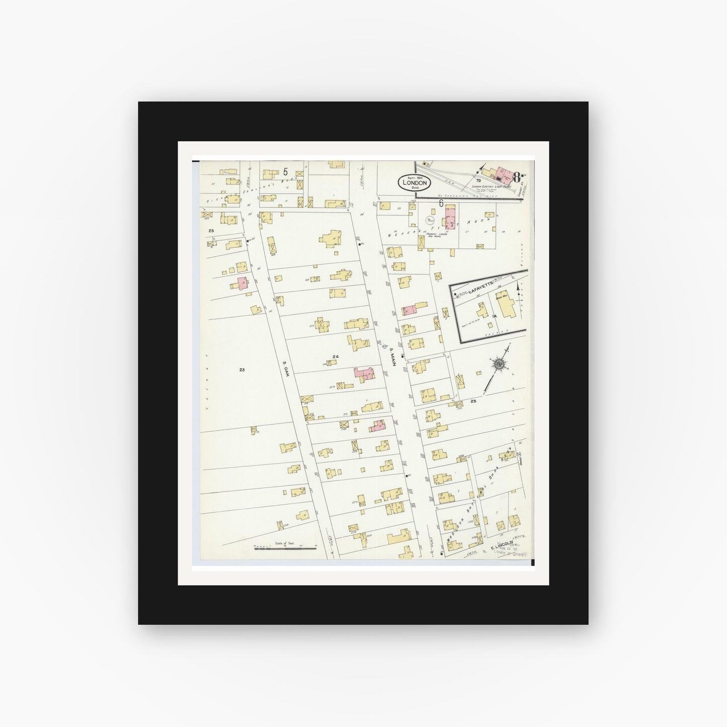 Old map wall art mockup — black gallery frame with white mat — Sanborn Fire Insurance Map from London, Madison County, Ohio (1910), Sheet #0008