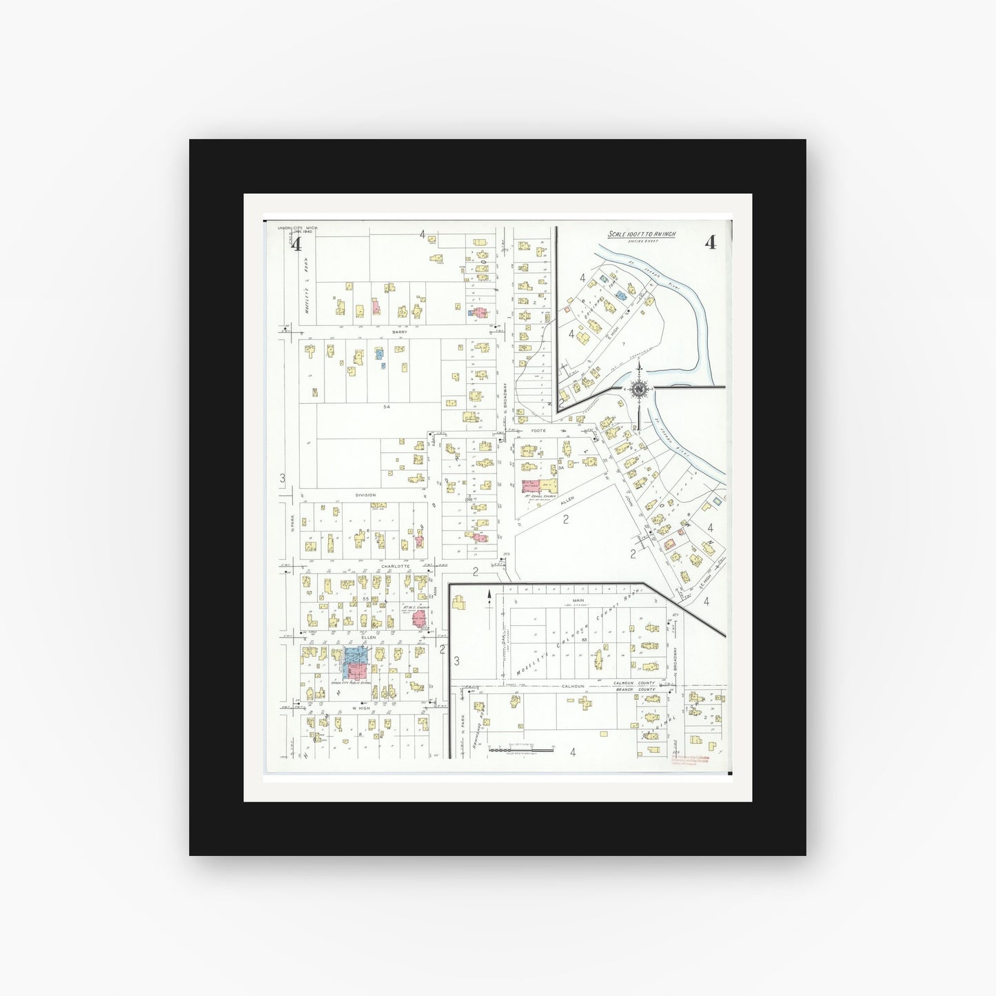Old map wall art mockup — black gallery frame with white mat — Sanborn Fire Insurance Map from Union City, Branch And Calhoun Counties, Michigan (1940), Sheet #0004