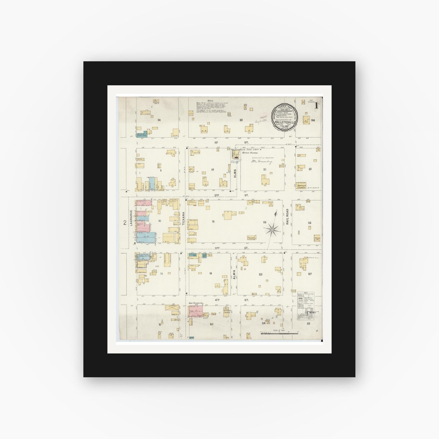 Old map wall art mockup — black gallery frame with white mat — Sanborn Fire Insurance Map from Hallettsville, Lavaca County, Texas (1896), Sheet #0001
