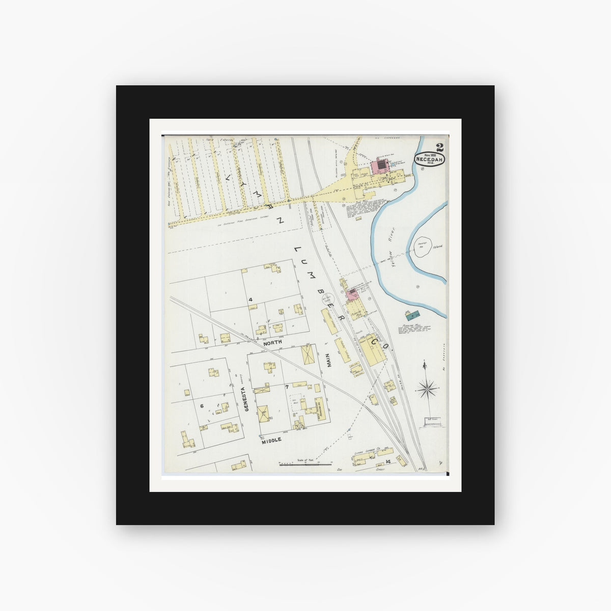 Old map wall art mockup — black gallery frame with white mat — Sanborn Fire Insurance Map from Necedah, Juneau County, Wisconsin (1891), Sheet #0002