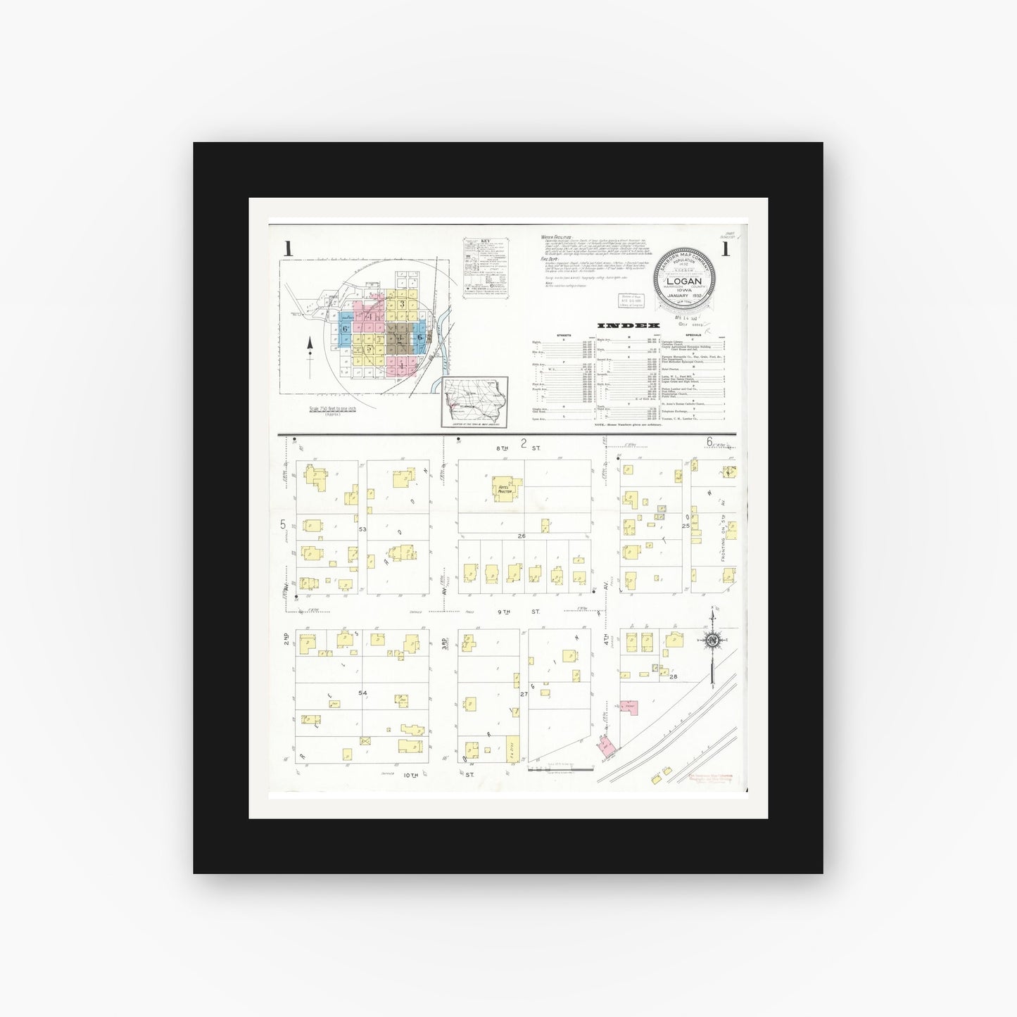 Old map wall art mockup — black gallery frame with white mat — Sanborn Fire Insurance Map from Logan, Harrison County, Iowa (1930), Sheet #0001