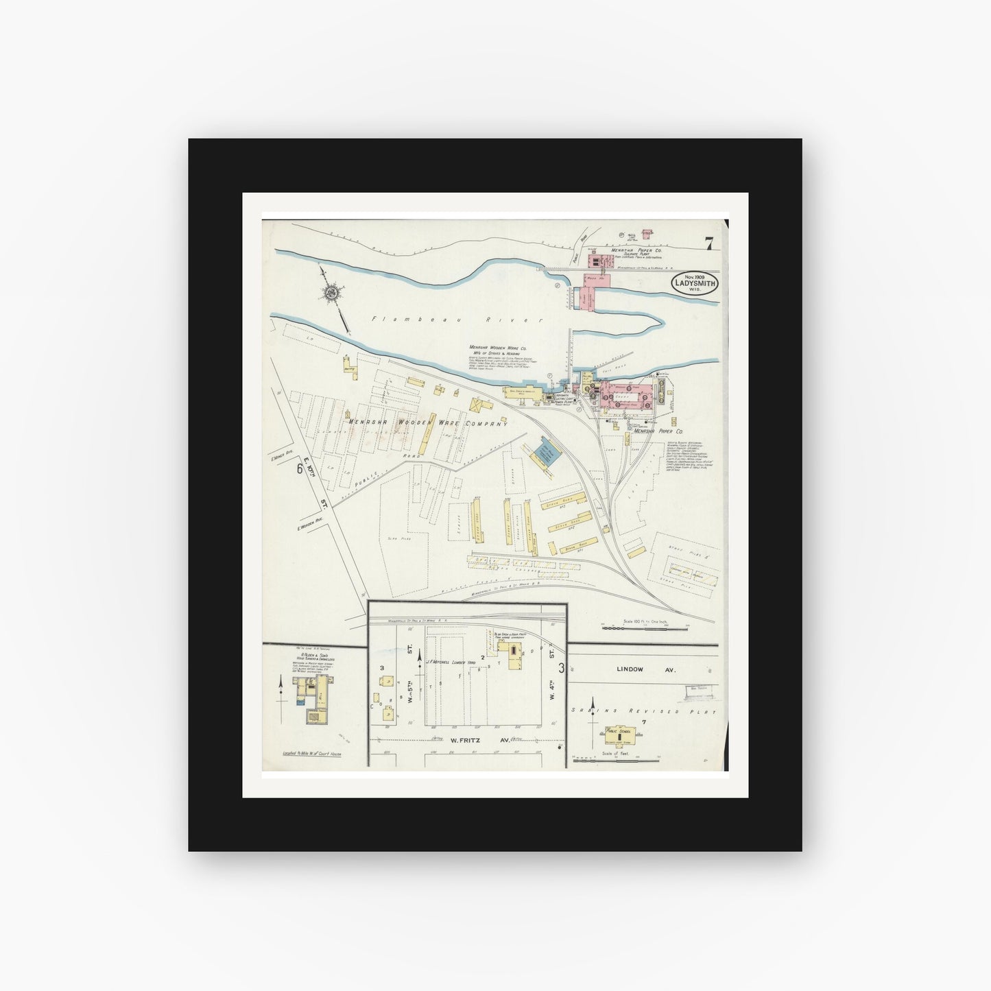Old map wall art mockup — black gallery frame with white mat — Sanborn Fire Insurance Map from Ladysmith, Rusk County, Wisconsin (1909), Sheet #0007