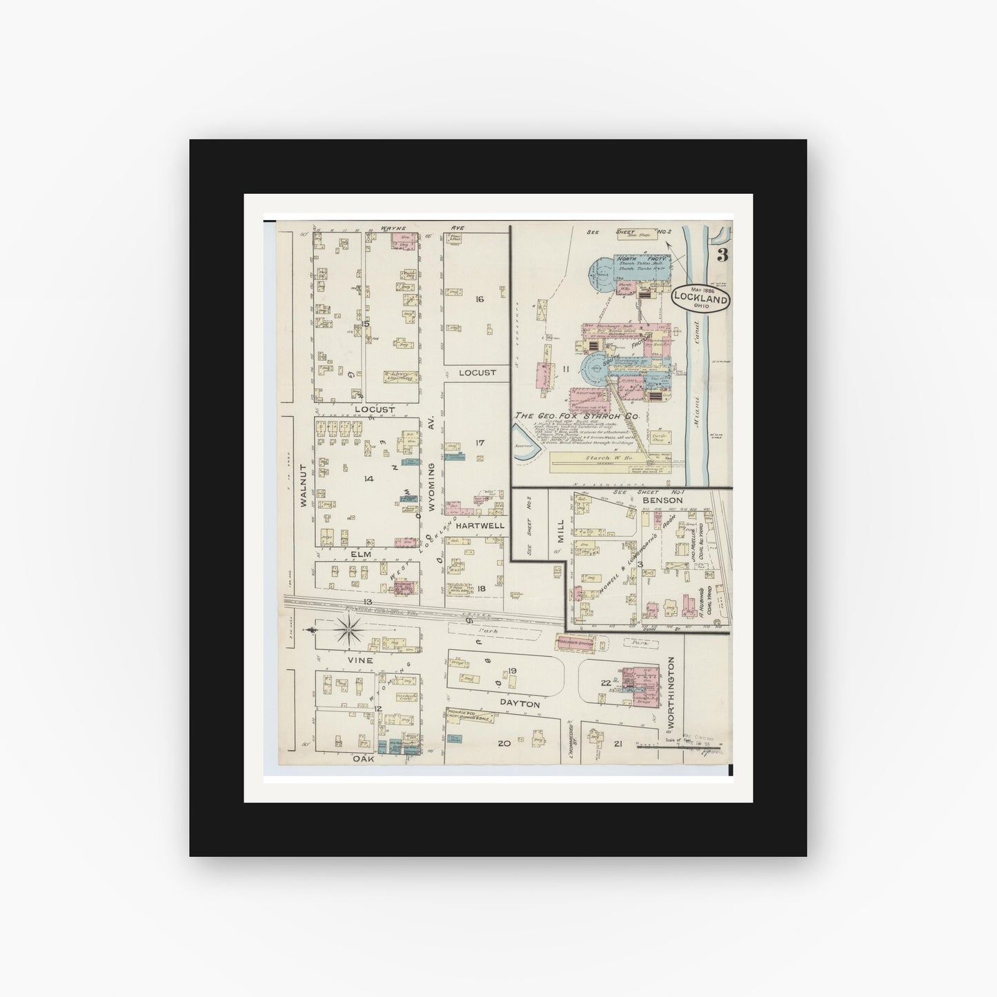 Old map wall art mockup — black gallery frame with white mat — Sanborn Fire Insurance Map from Lockland, Hamilton County, Ohio (1886), Sheet #0003