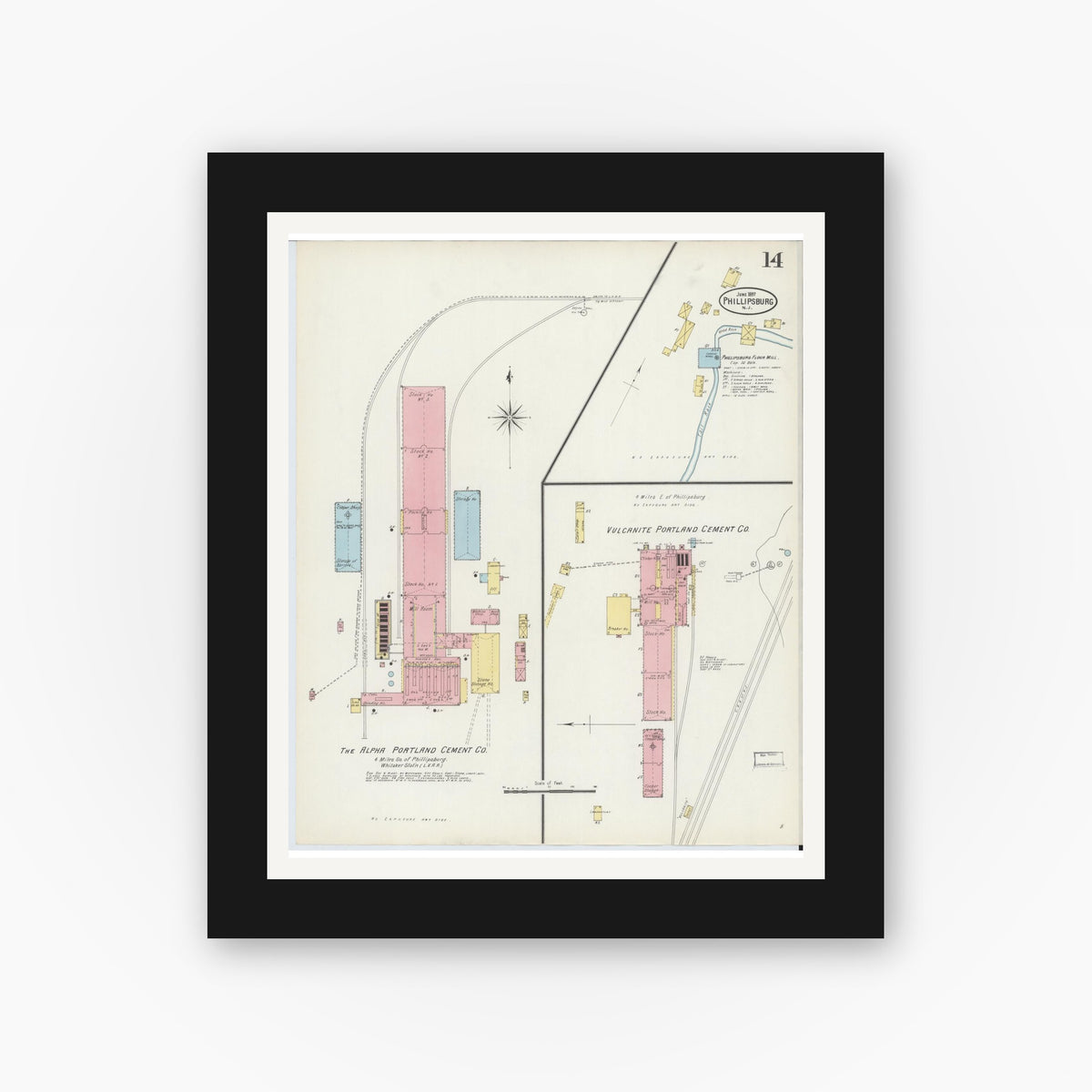 Old map wall art mockup — black gallery frame with white mat — Sanborn Fire Insurance Map from Phillipsburg, Warren County, New Jersey (1897), Sheet #0014