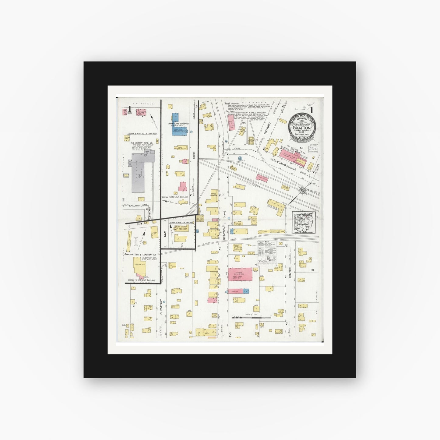 Old map wall art mockup — black gallery frame with white mat — Sanborn Fire Insurance Map from Grafton, Lorain County, Ohio (1926), Sheet #0001