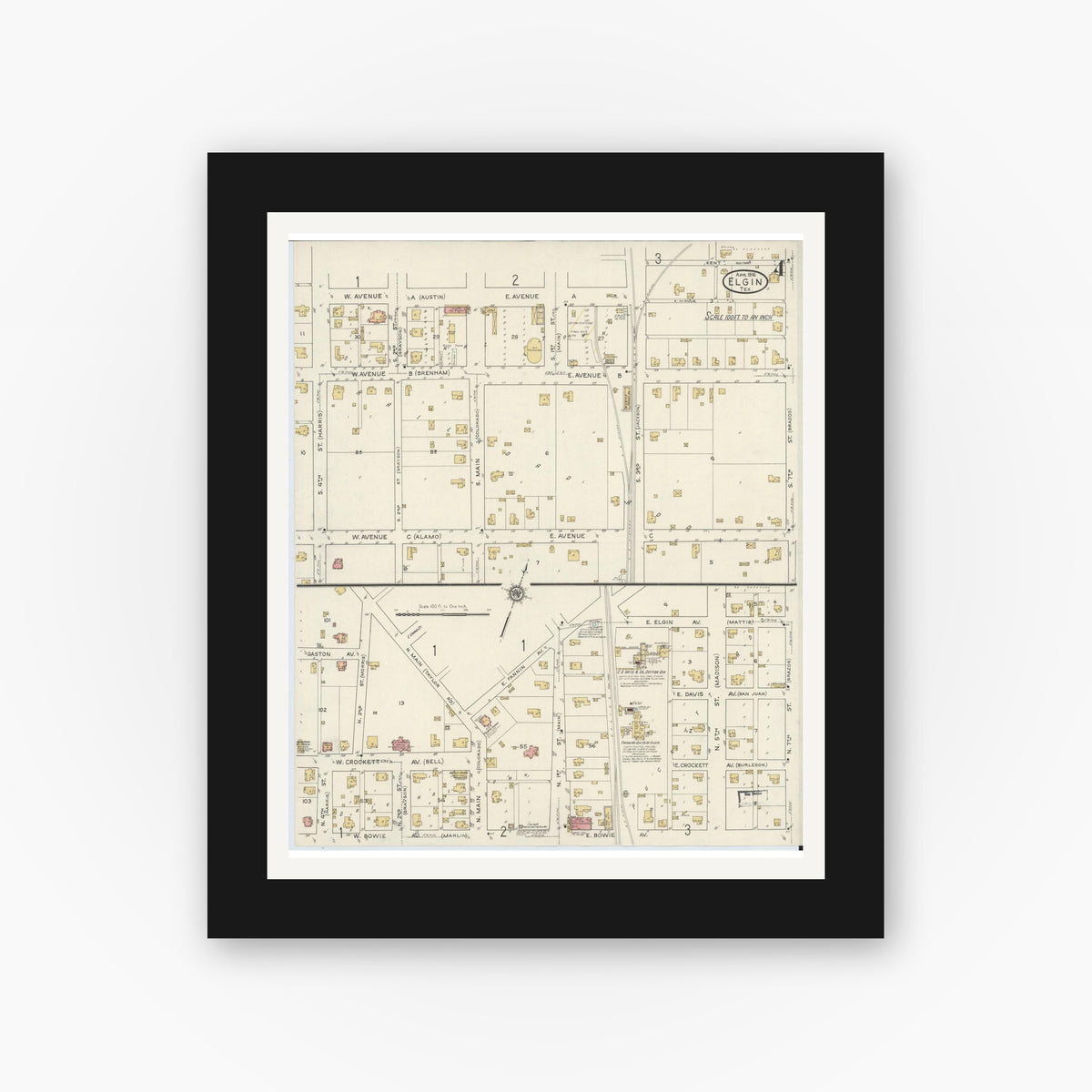 Old map wall art mockup — black gallery frame with white mat — Sanborn Fire Insurance Map from Elgin, Bastrop County, Texas (1916), Sheet #0004