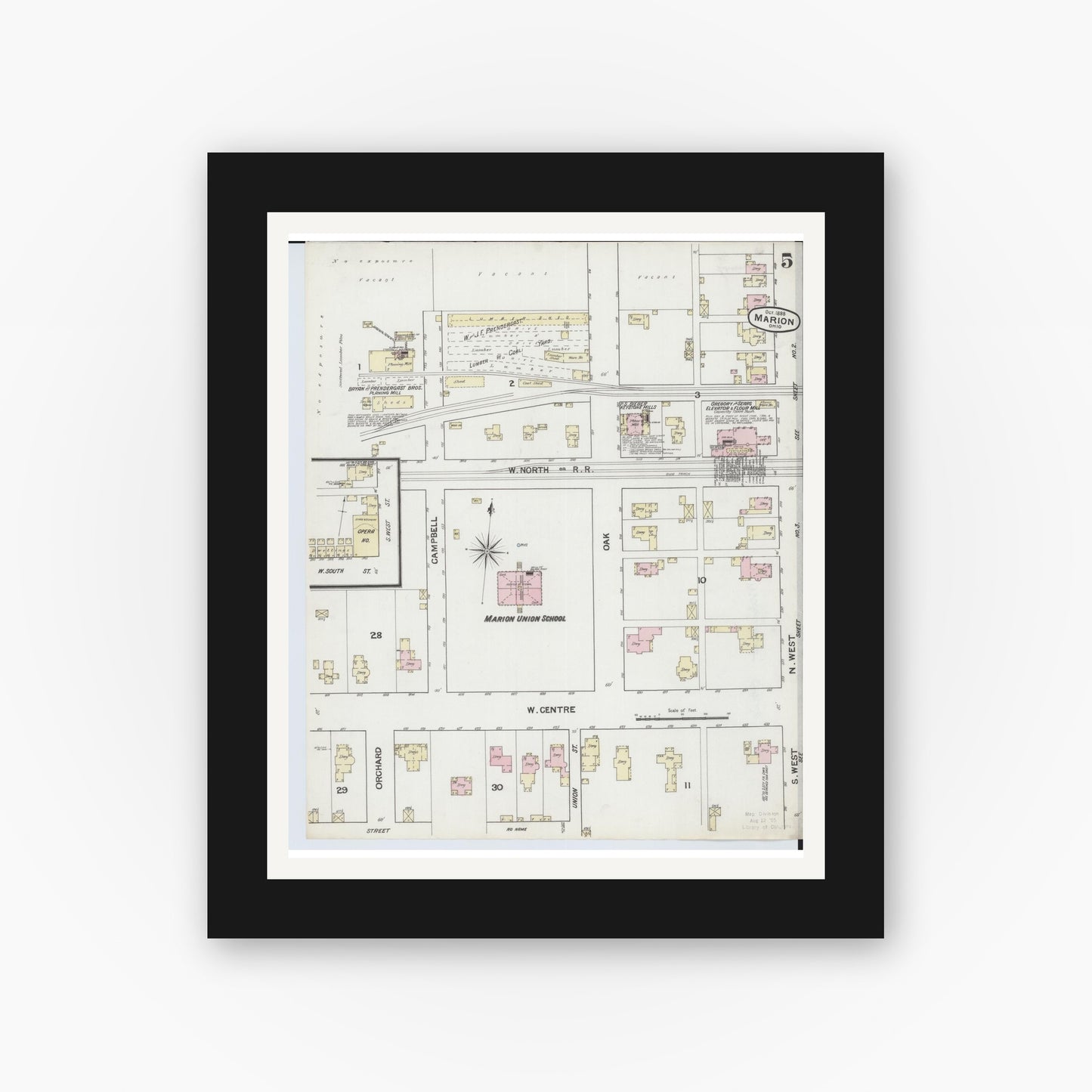 Old map wall art mockup — black gallery frame with white mat — Sanborn Fire Insurance Map from Marion, Marion County, Ohio (1888), Sheet #0005