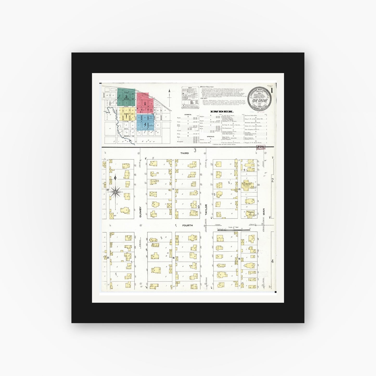Old map wall art mockup — black gallery frame with white mat — Sanborn Fire Insurance Map from Ida Grove, Ida County, Iowa (1909), Sheet #0001