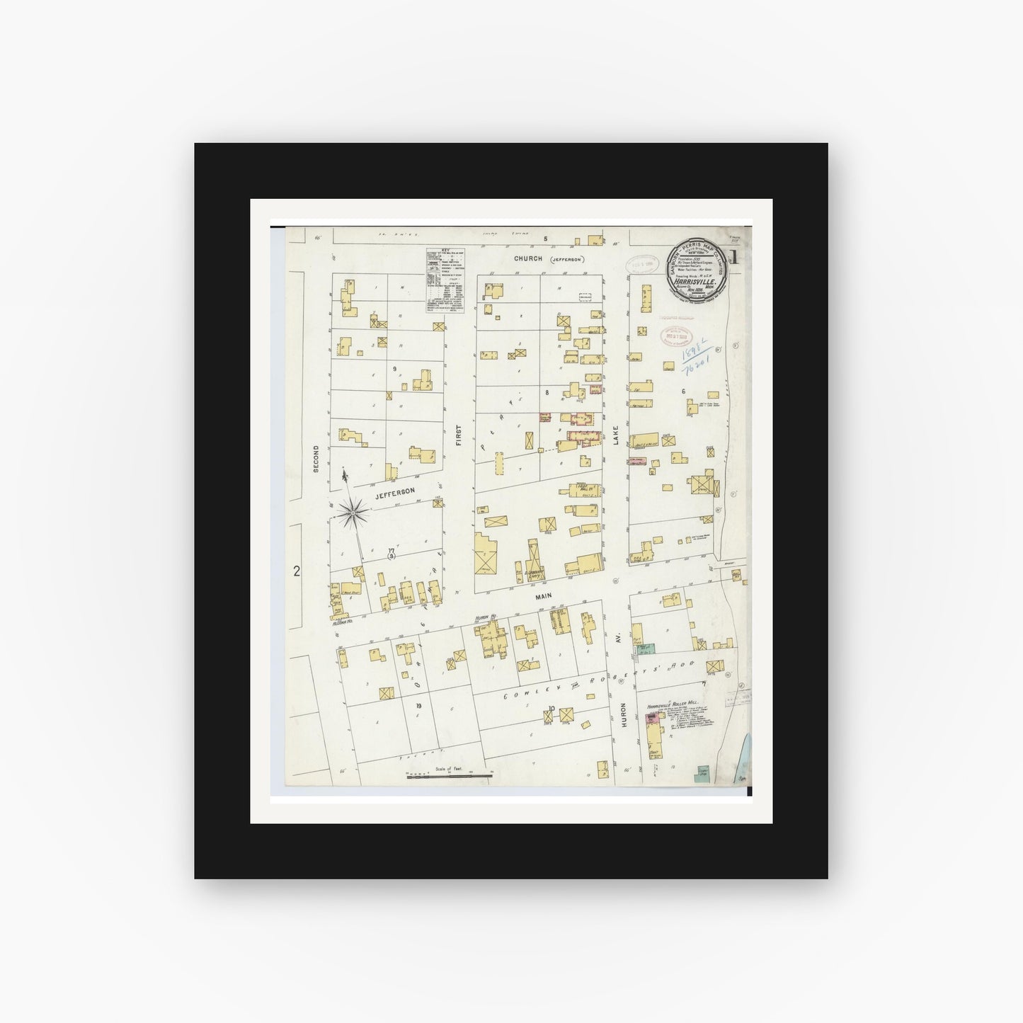 Old map wall art mockup — black gallery frame with white mat — Sanborn Fire Insurance Map from Harrisville, Alcona County, Michigan (1898), Sheet #0001