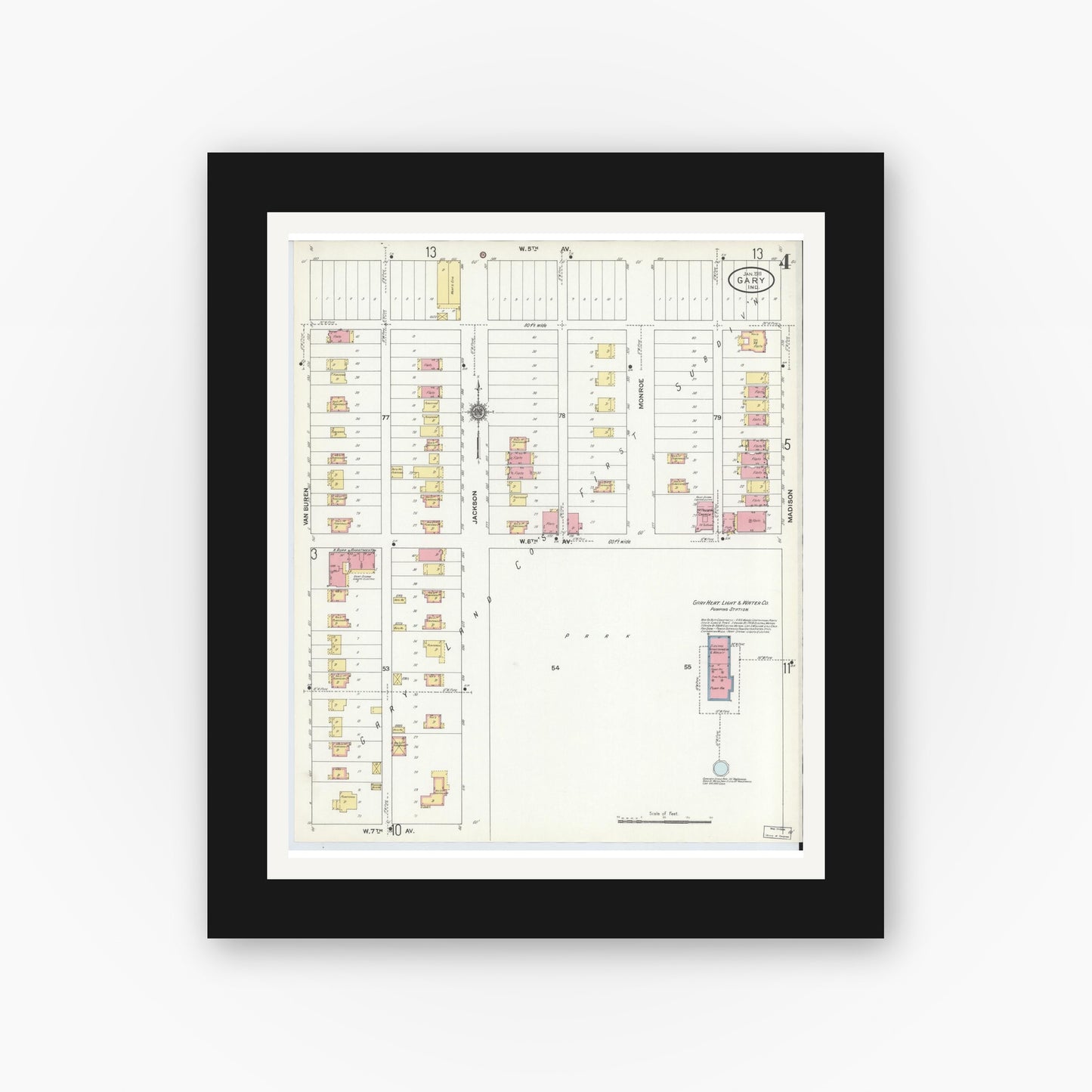 Old map wall art mockup β black gallery frame with white mat β Sanborn Fire Insurance Map from Gary, Lake County, Indiana (1911), Sheet #0004