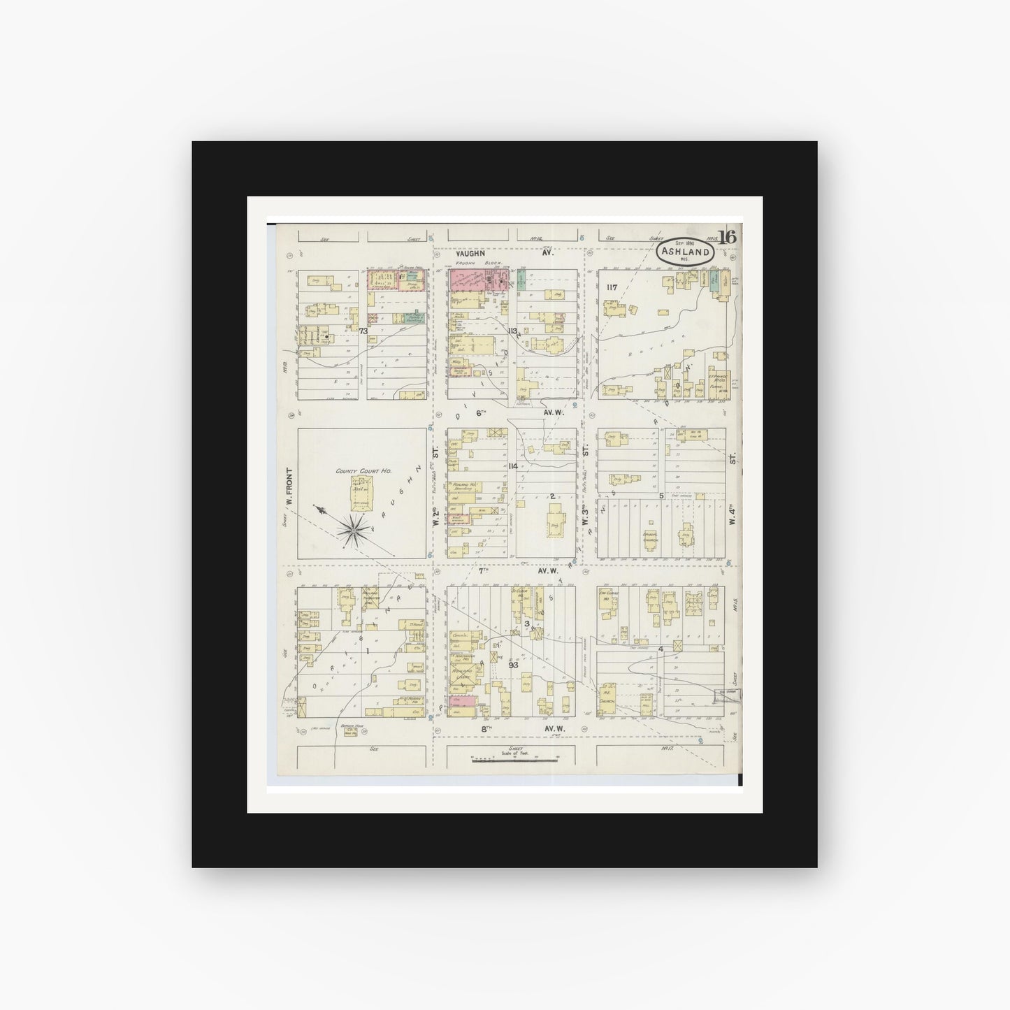 Old map wall art mockup — black gallery frame with white mat — Sanborn Fire Insurance Map from Ashland, Ashland County, Wisconsin (1890), Sheet #0016