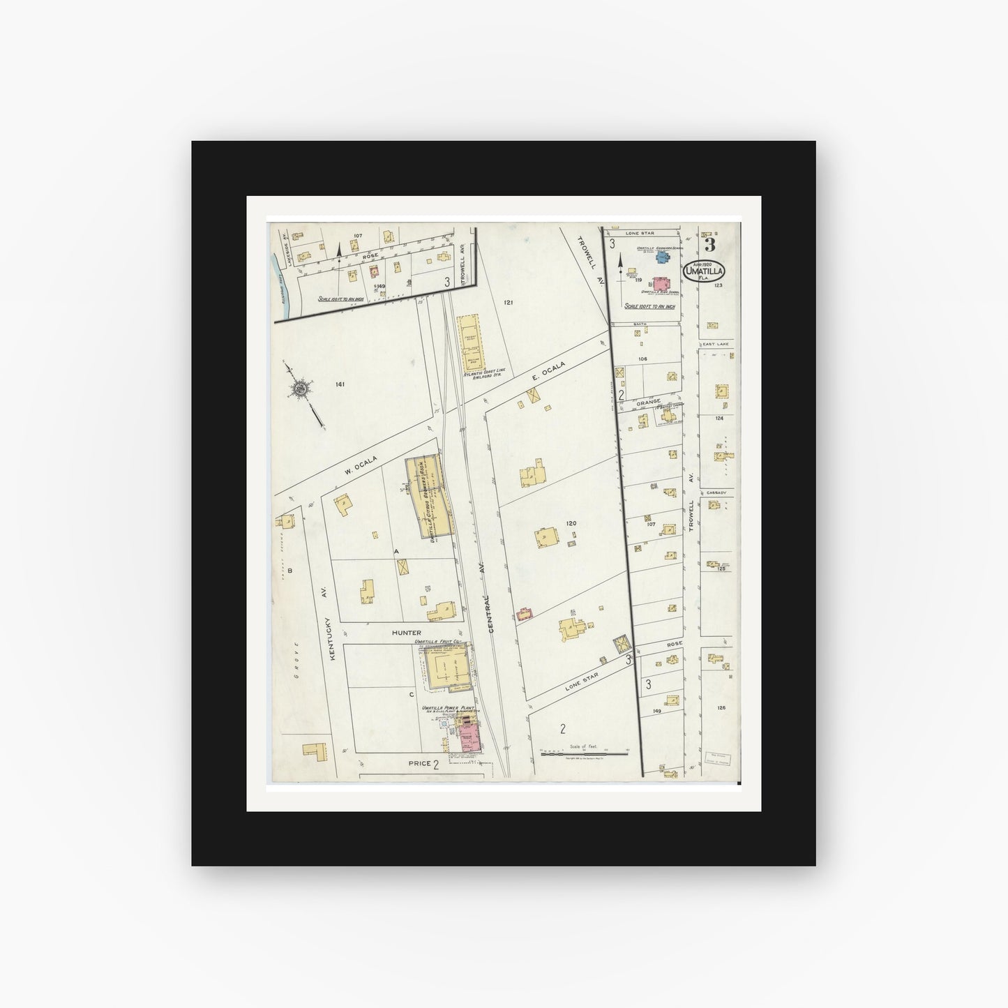 Old map wall art mockup — black gallery frame with white mat — Sanborn Fire Insurance Map from Umatilla, Lake County, Florida (1920), Sheet #0003
