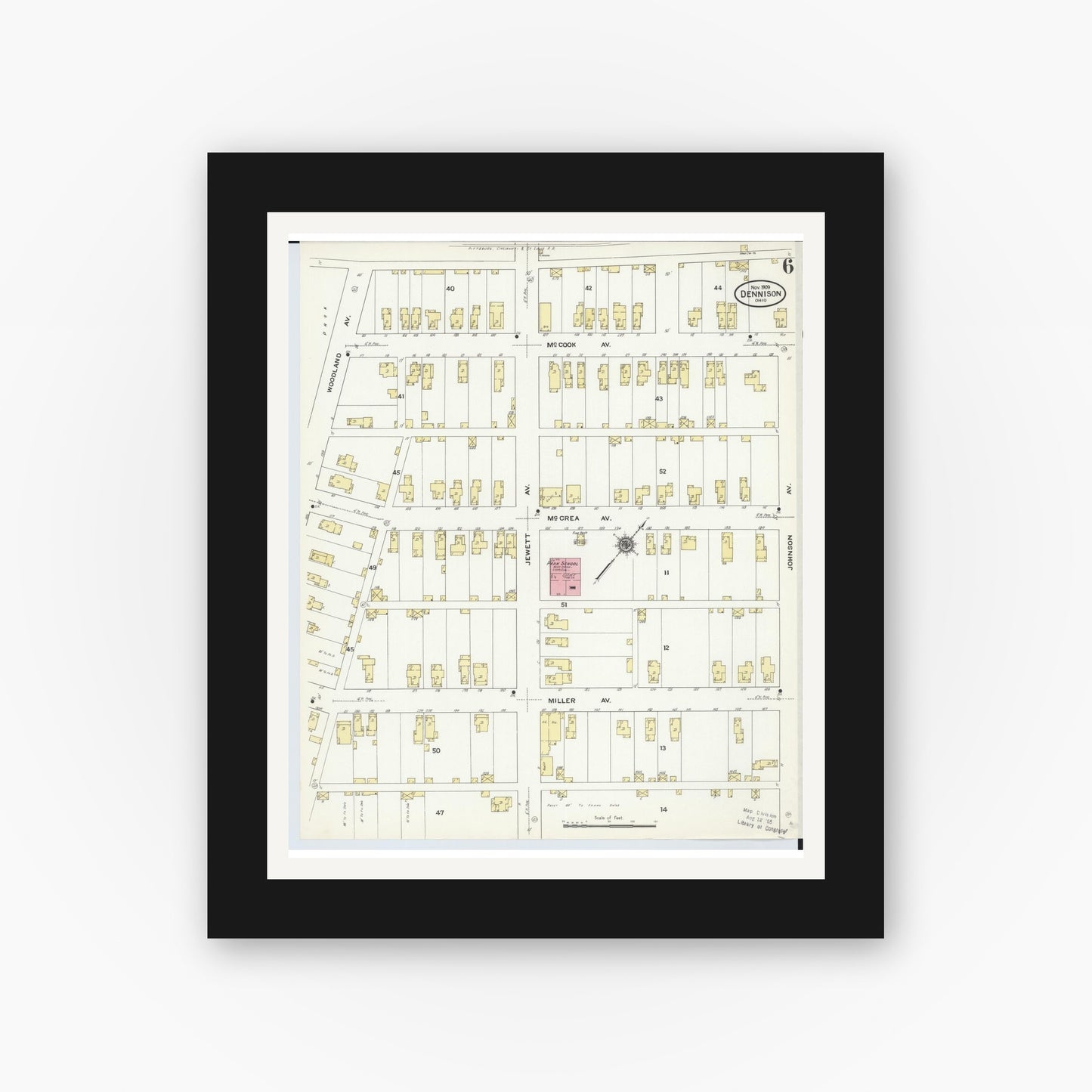Old map wall art mockup — black gallery frame with white mat — Sanborn Fire Insurance Map from Dennison, Tuscarawas County, Ohio (1909), Sheet #0006