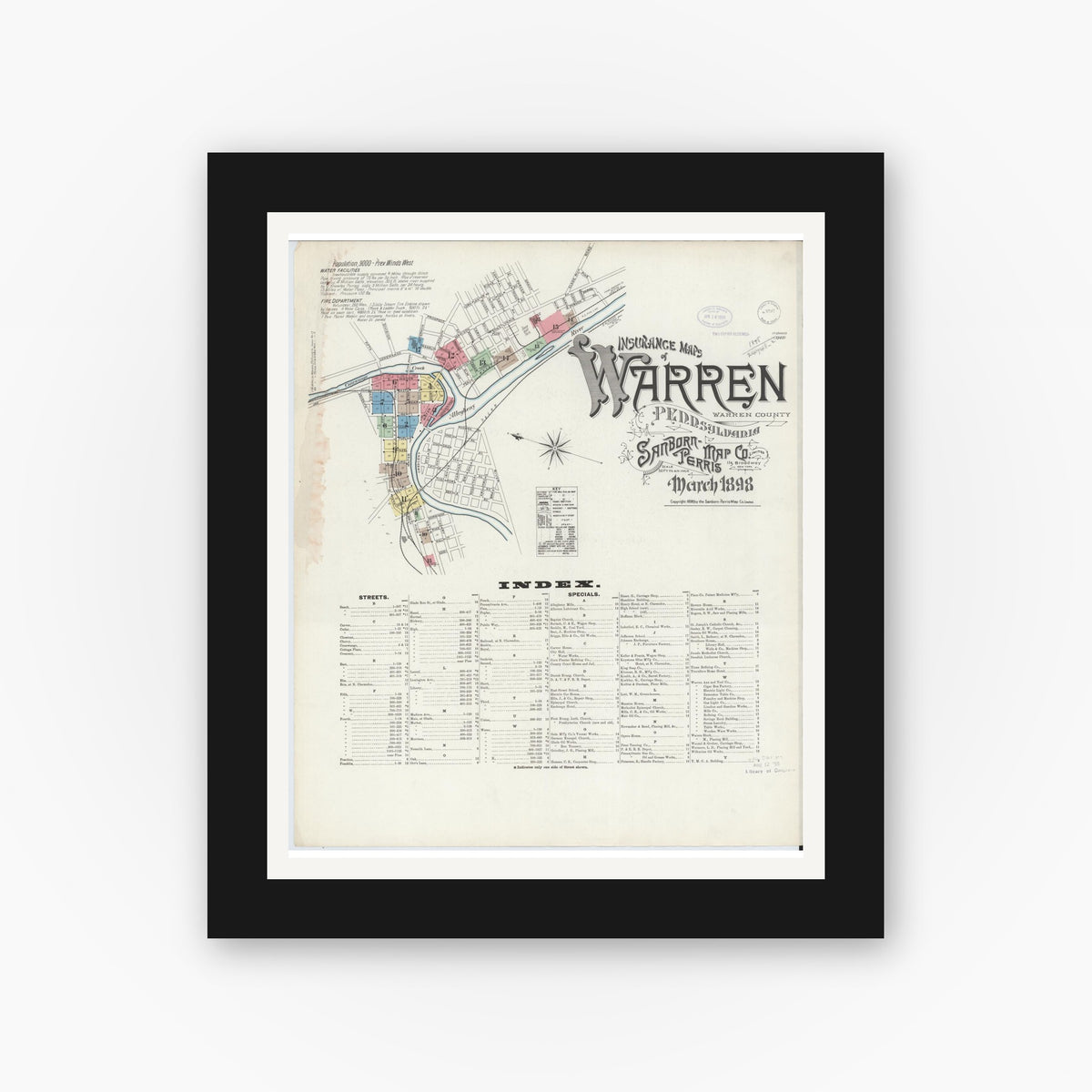 Old map wall art mockup — black gallery frame with white mat — Sanborn Fire Insurance Map from Warren, Warren County, Pennsylvania (1898) - Complete Map Set