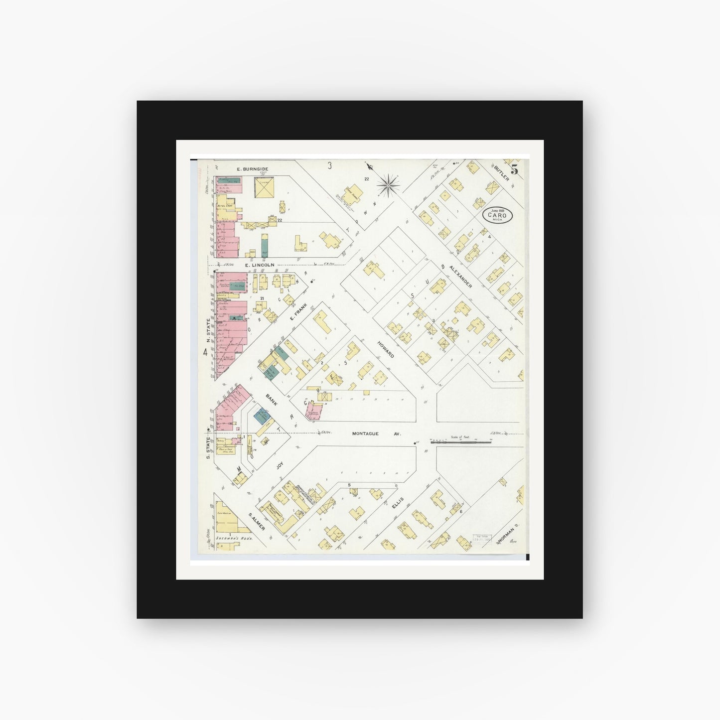 Old map wall art mockup — black gallery frame with white mat — Sanborn Fire Insurance Map from Caro, Tuscola County, Michigan (1909), Sheet #0005