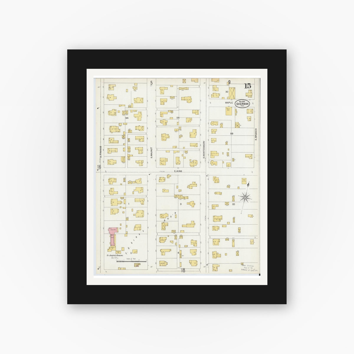 Old map wall art mockup — black gallery frame with white mat — Sanborn Fire Insurance Map from Sherman, Grayson County, Texas (1902), Sheet #0015
