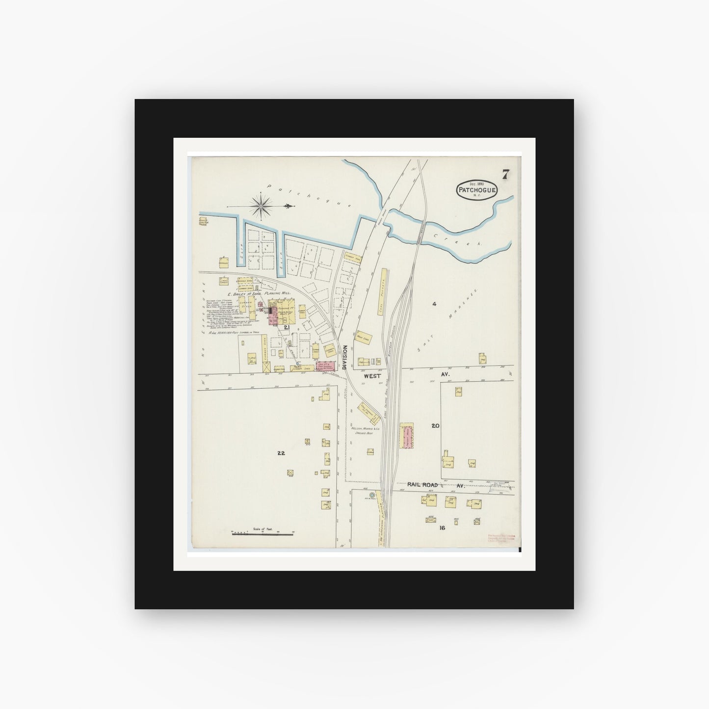 Old map wall art mockup — black gallery frame with white mat — Sanborn Fire Insurance Map from Patchogue, Suffolk County, New York (1891), Sheet #0007