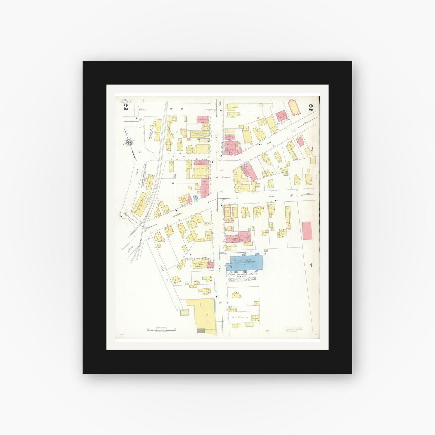 Old map wall art mockup — black gallery frame with white mat — Sanborn Fire Insurance Map from Nunda, Livingston County, New York (1936), Sheet #0002