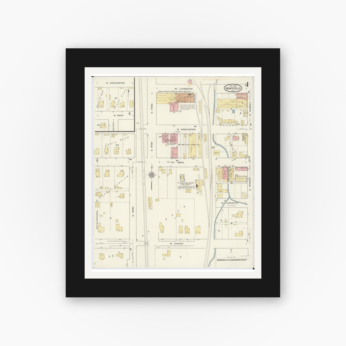 Old map wall art mockup β black gallery frame with white mat β Sanborn Fire Insurance Map from Monticello, Piatt County, Illinois (1915), Sheet #0004