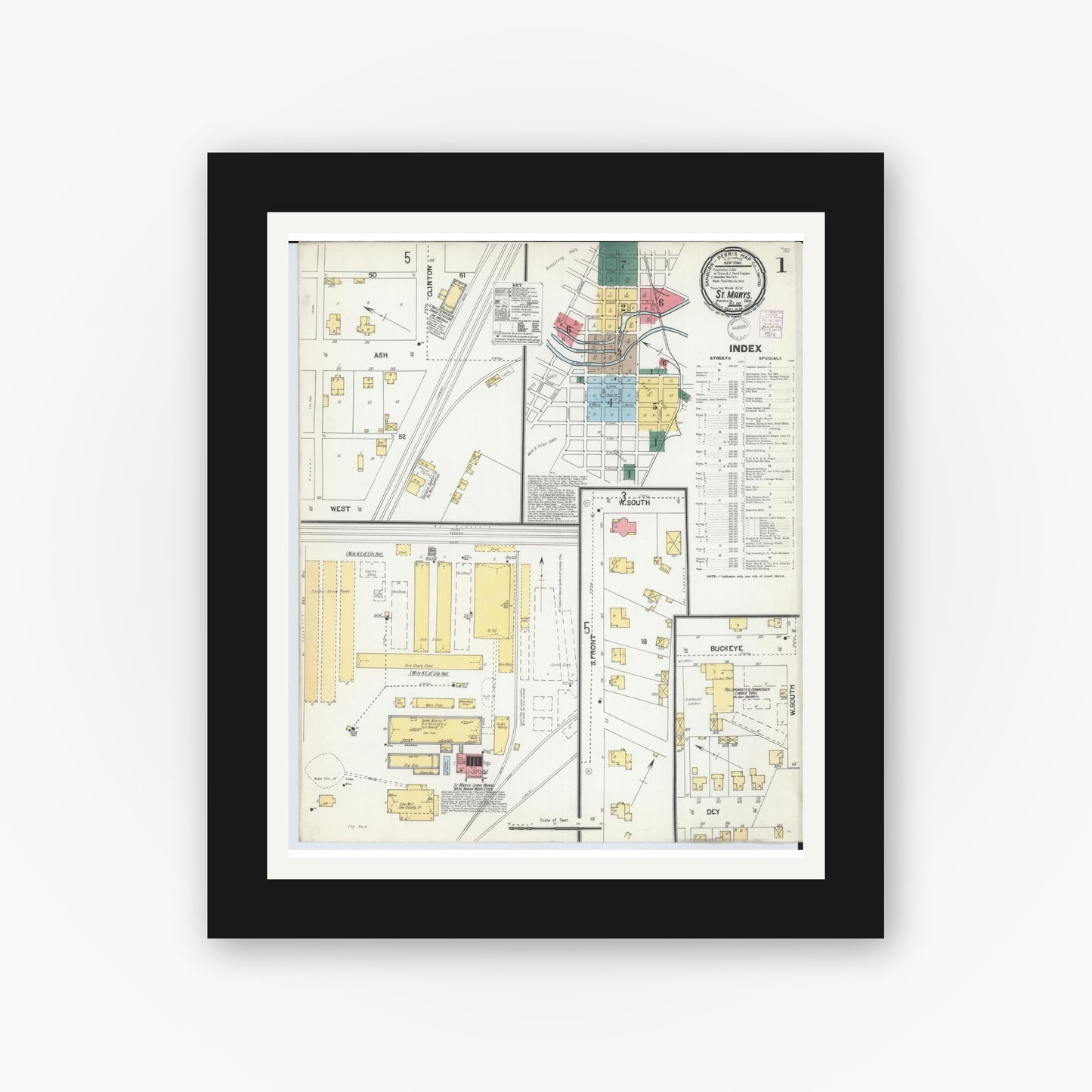 Old map wall art mockup — black gallery frame with white mat — Sanborn Fire Insurance Map from Saint Marys, Auglaize County, Ohio (1901) - Complete Map Set