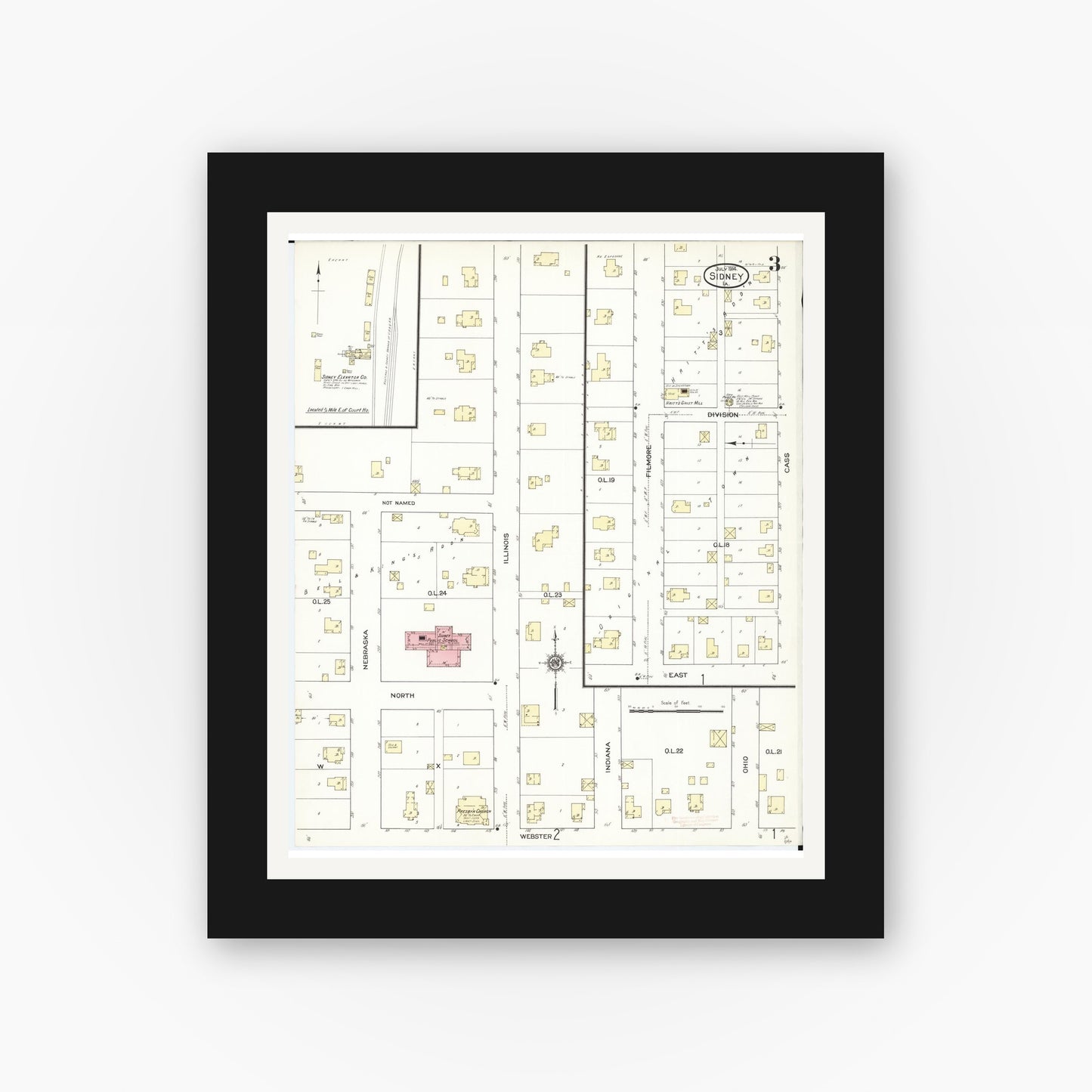 Old map wall art mockup β black gallery frame with white mat β Sanborn Fire Insurance Map from Sidney, Fremont County, Iowa (1914), Sheet #0003