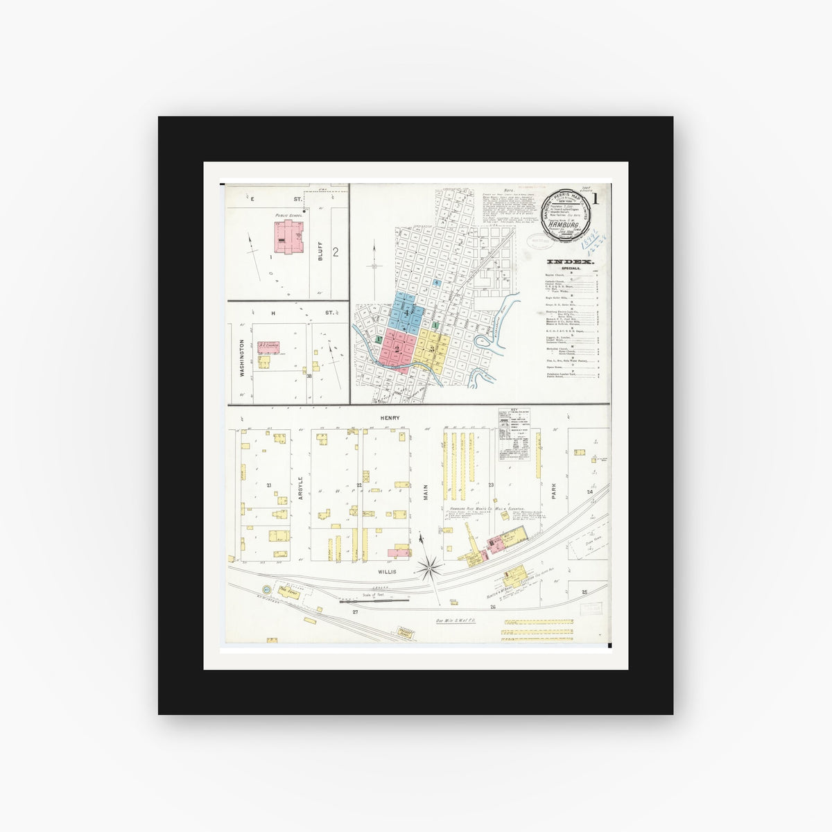 Old map wall art mockup — black gallery frame with white mat — Sanborn Fire Insurance Map from Hamburg, Fremont County, Iowa (1899) — Complete Set