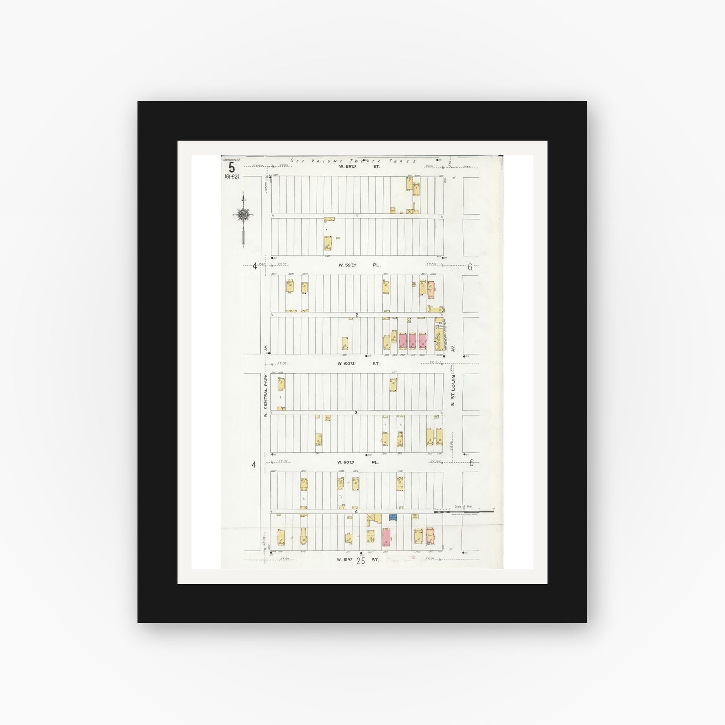 Old map wall art mockup — black gallery frame with white mat — Sanborn Fire Insurance Map from Chicago, Cook County, Illinois (1920), Sheet #0005