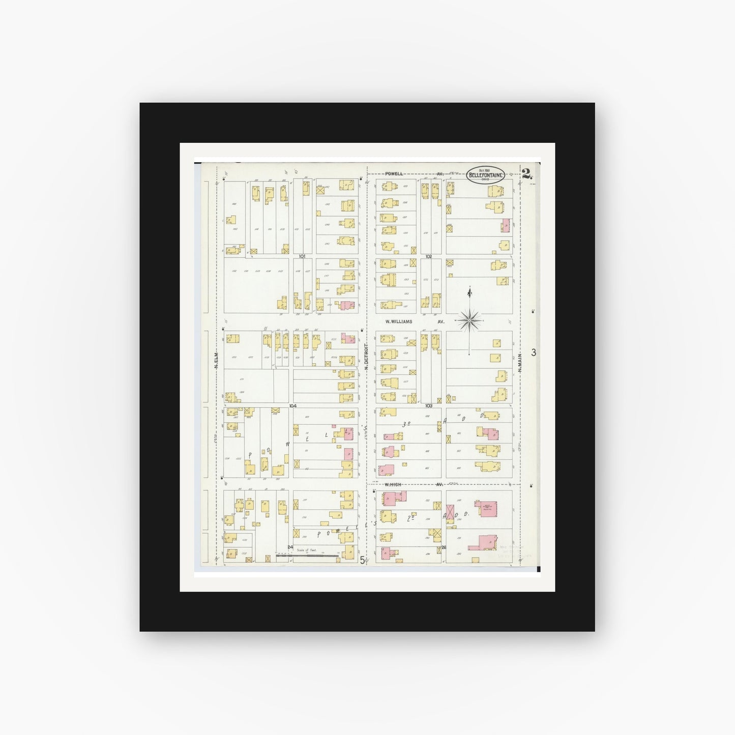 Old map wall art mockup — black gallery frame with white mat — Sanborn Fire Insurance Map from Bellefontaine, Logan County, Ohio (1901), Sheet #0002