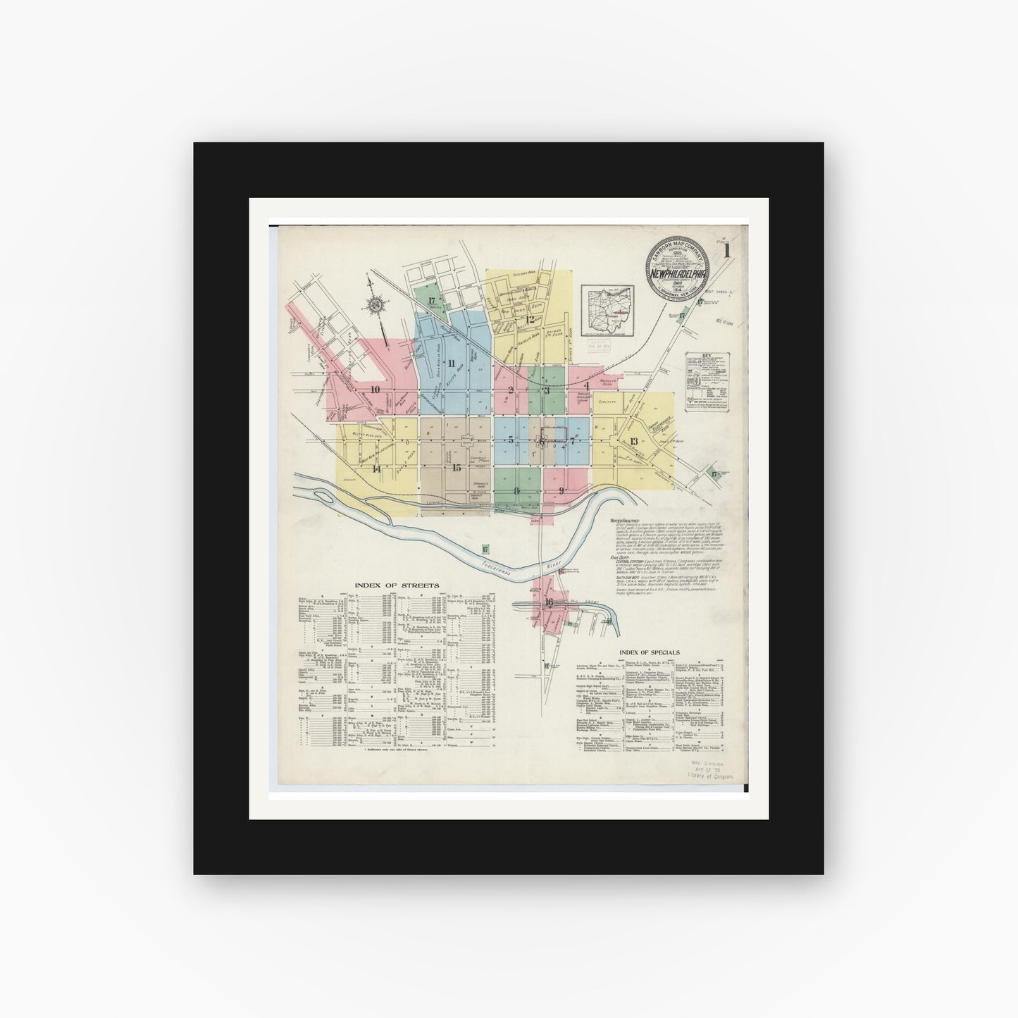 Old map wall art mockup — black gallery frame with white mat — Sanborn Fire Insurance Map from New Philadelphia, Tuscarawas County, Ohio (1914), Sheet #0001