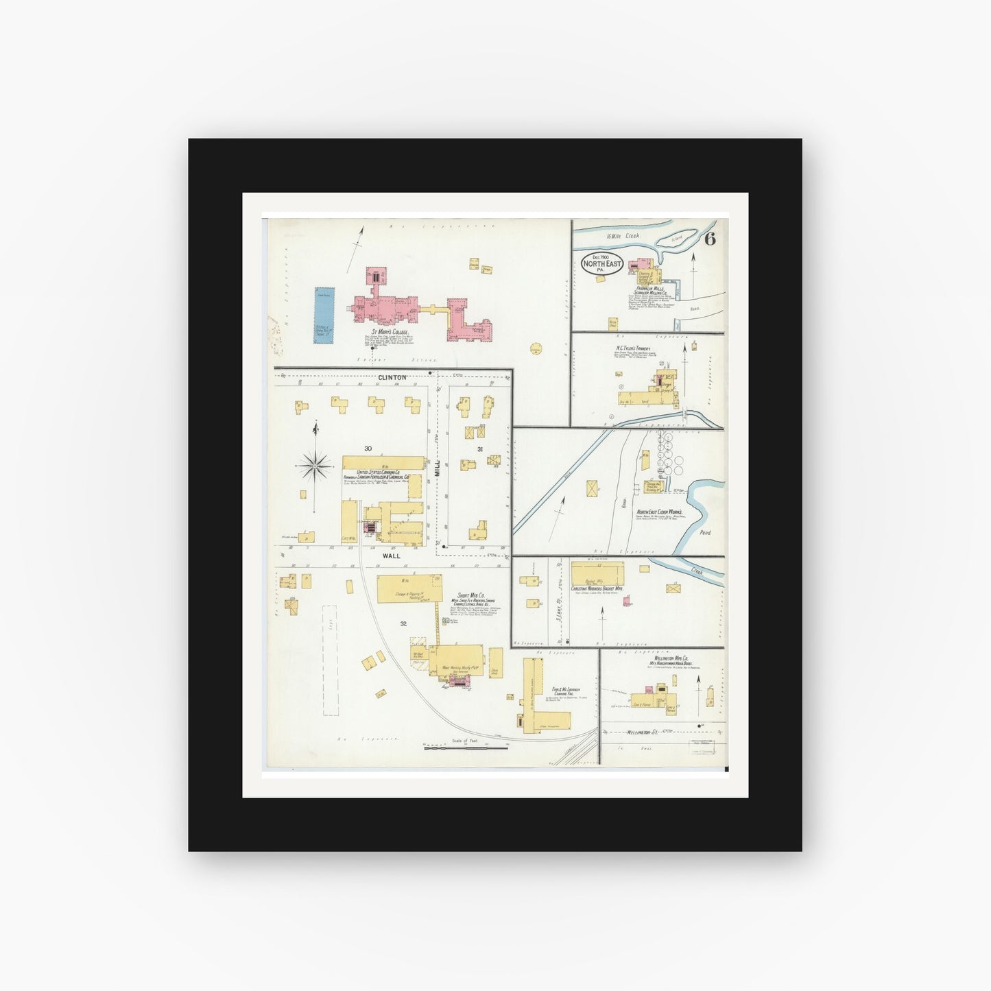 Old map wall art mockup — black gallery frame with white mat — Sanborn Fire Insurance Map from North East, Erie County, Pennsylvania (1900), Sheet #0006
