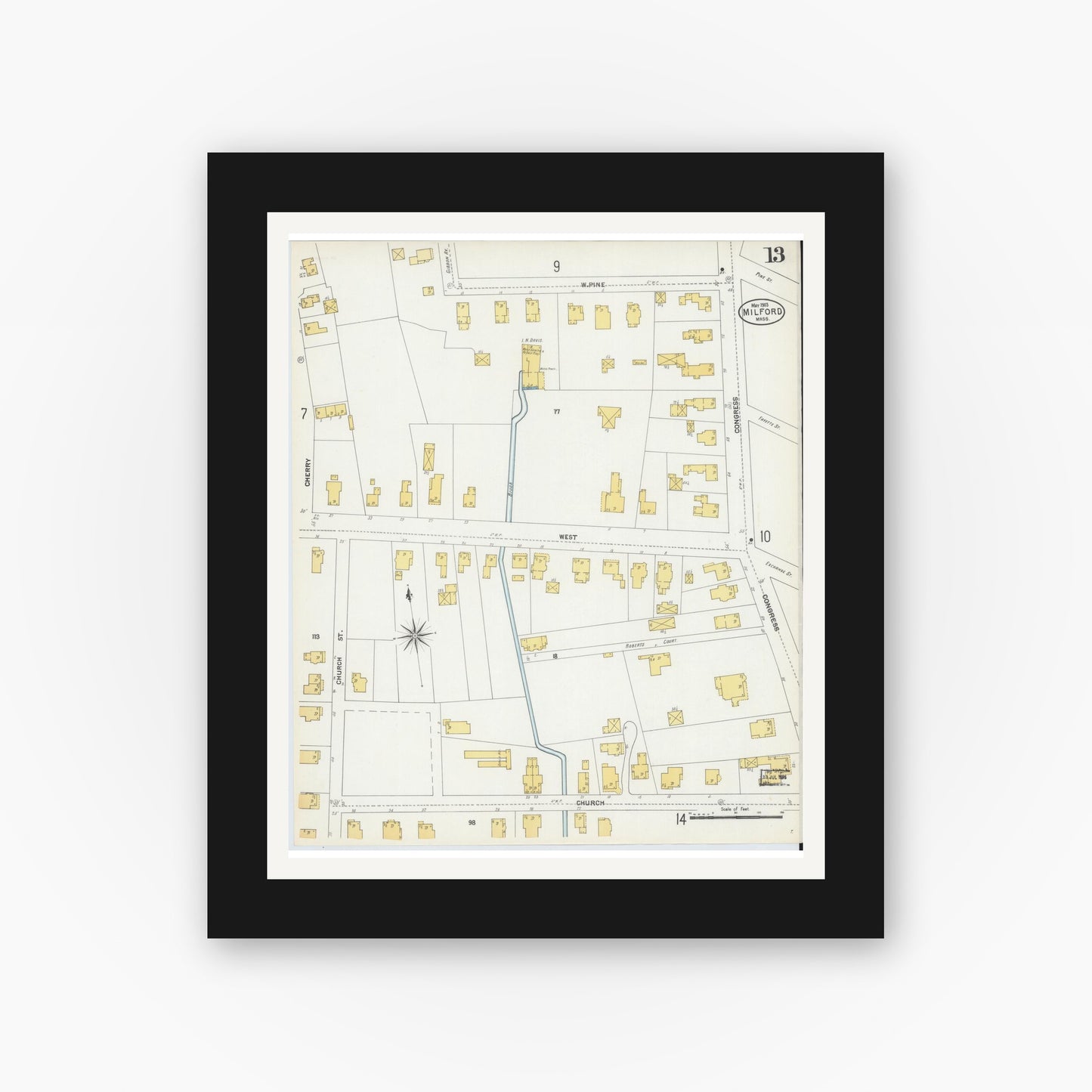 Old map wall art mockup — black gallery frame with white mat — Sanborn Fire Insurance Map from Milford, Worcester County, Massachusetts (1903), Sheet #0013