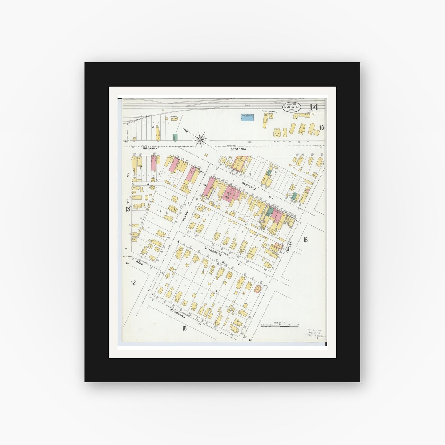 Old map wall art mockup — black gallery frame with white mat — Sanborn Fire Insurance Map from Lorain, Lorain County, Ohio (1905), Sheet #0014
