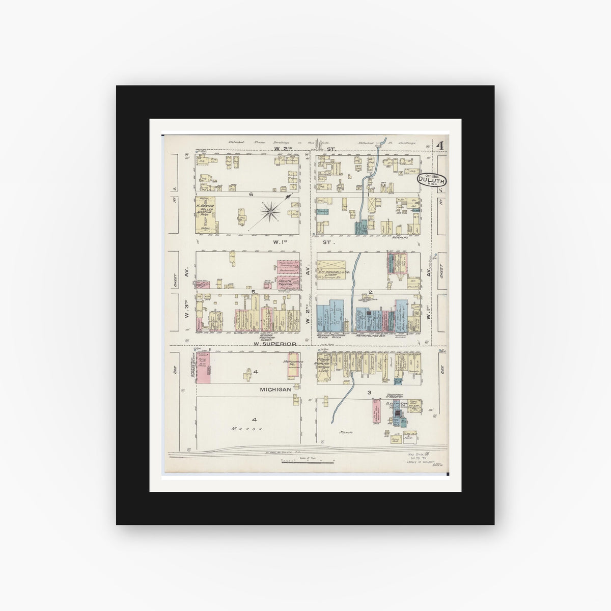 Old map wall art mockup — black gallery frame with white mat — Sanborn Fire Insurance Map from Duluth, Saint Louis County, Minnesota (1885), Sheet #0004