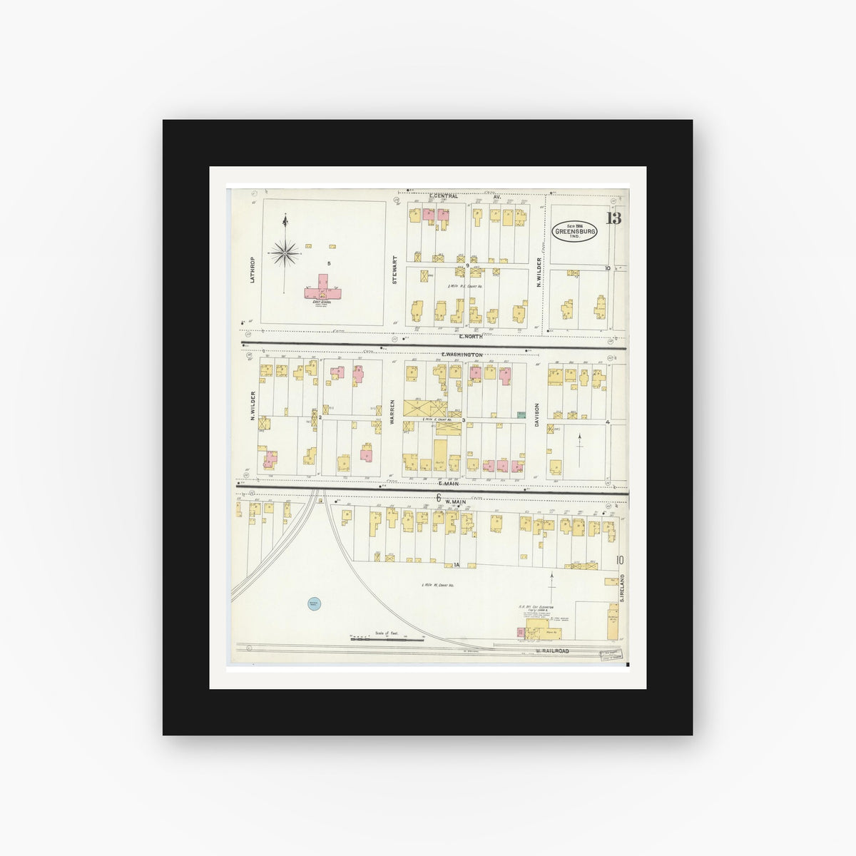 Old map wall art mockup β black gallery frame with white mat β Sanborn Fire Insurance Map from Greensburg, Decatur County, Indiana (1906), Sheet #0013