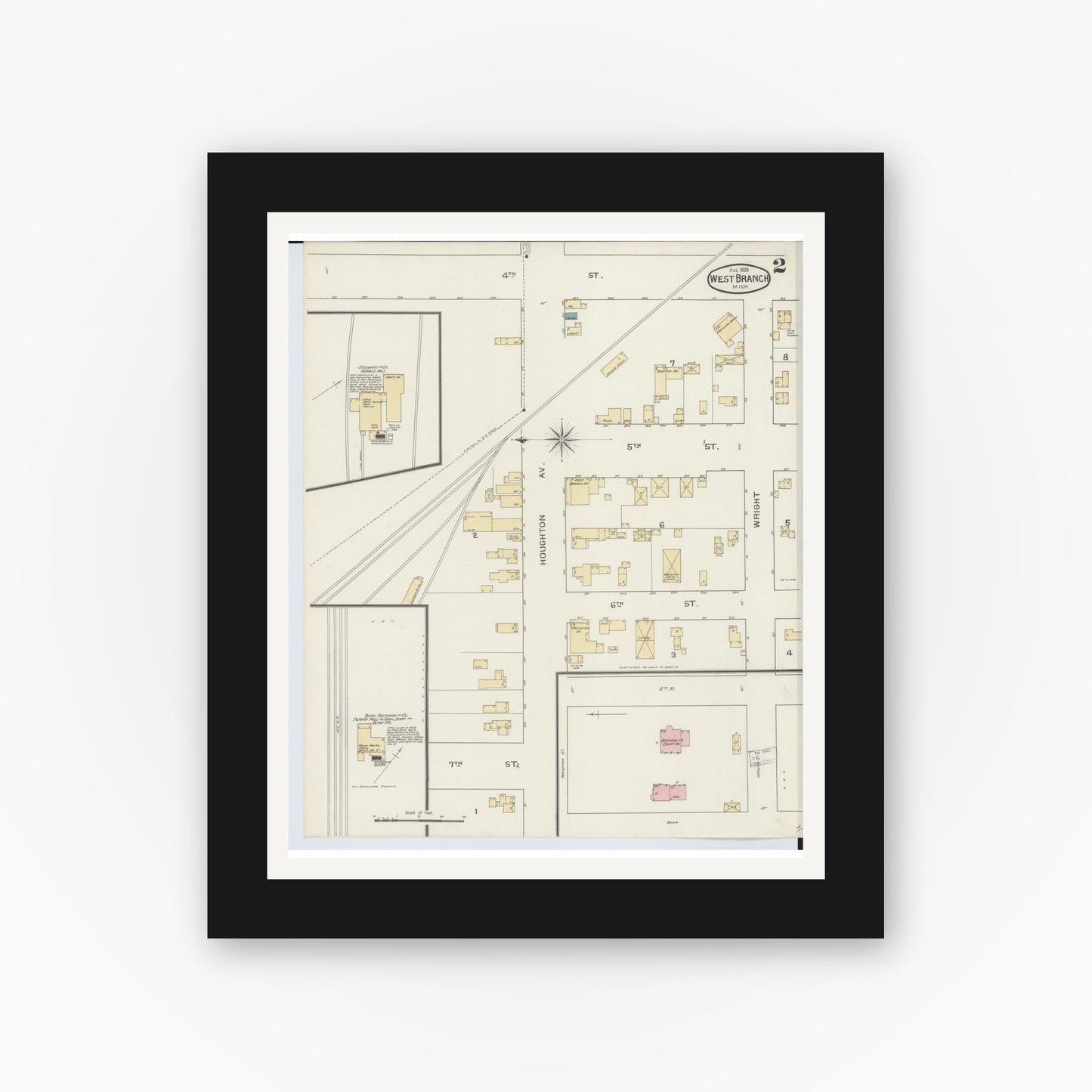 Old map wall art mockup — black gallery frame with white mat — Sanborn Fire Insurance Map from West Branch, Ogemaw County, Michigan (1893), Sheet #0002