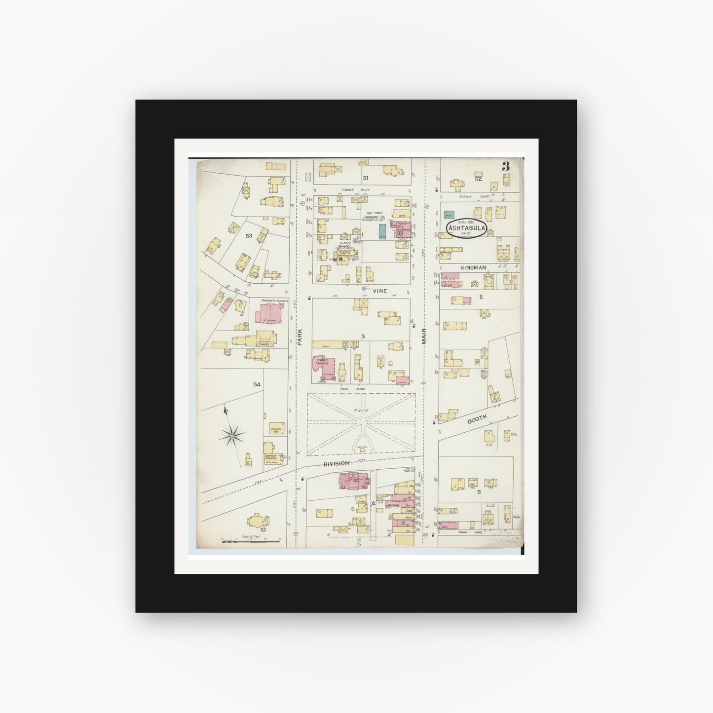 Old map wall art mockup — black gallery frame with white mat — Sanborn Fire Insurance Map from Ashtabula, Ashtabula County, Ohio (1893), Sheet #0003