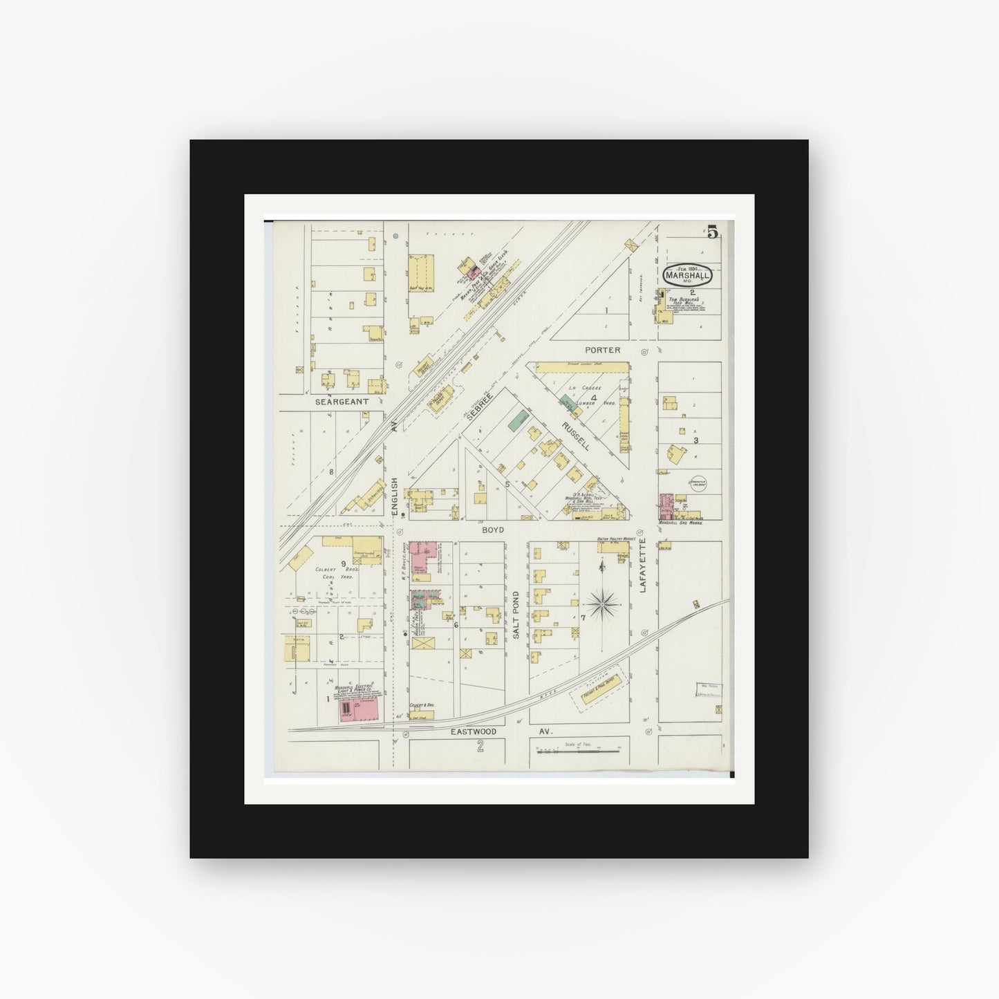 Old map wall art mockup — black gallery frame with white mat — Sanborn Fire Insurance Map from Marshall, Saline County, Missouri (1894), Sheet #0005