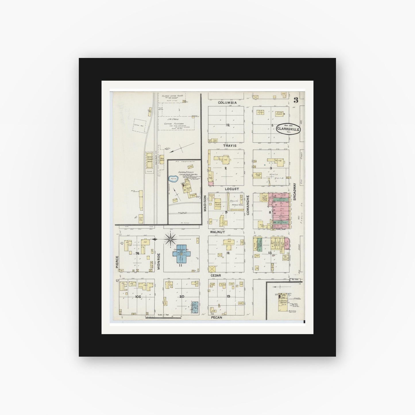 Old map wall art mockup — black gallery frame with white mat — Sanborn Fire Insurance Map from Clarksville, Red River County, Texas (1891), Sheet #0003