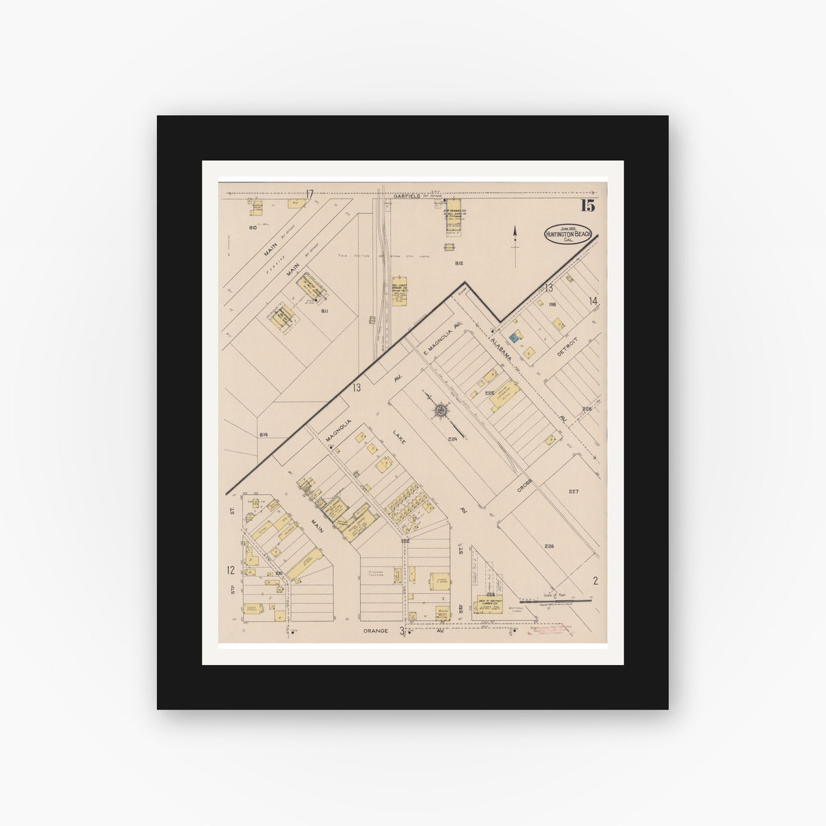 Old map wall art mockup — black gallery frame with white mat — Sanborn Fire Insurance Map from Huntington Beach, Orange County, California (1922), Sheet #0015