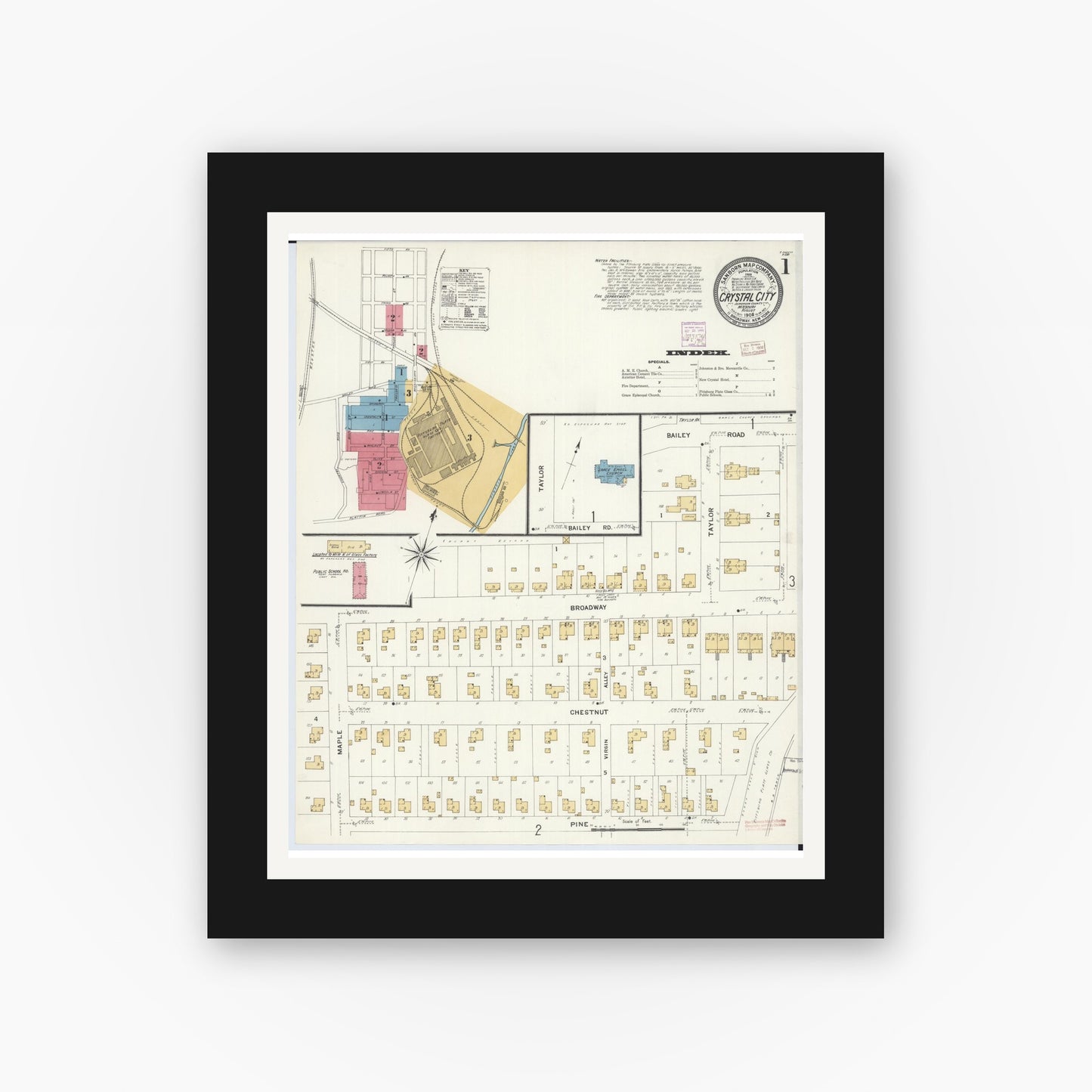 Old map wall art mockup — black gallery frame with white mat — Sanborn Fire Insurance Map from Crystal City, Jefferson County, Missouri (1908) - Complete Map Set