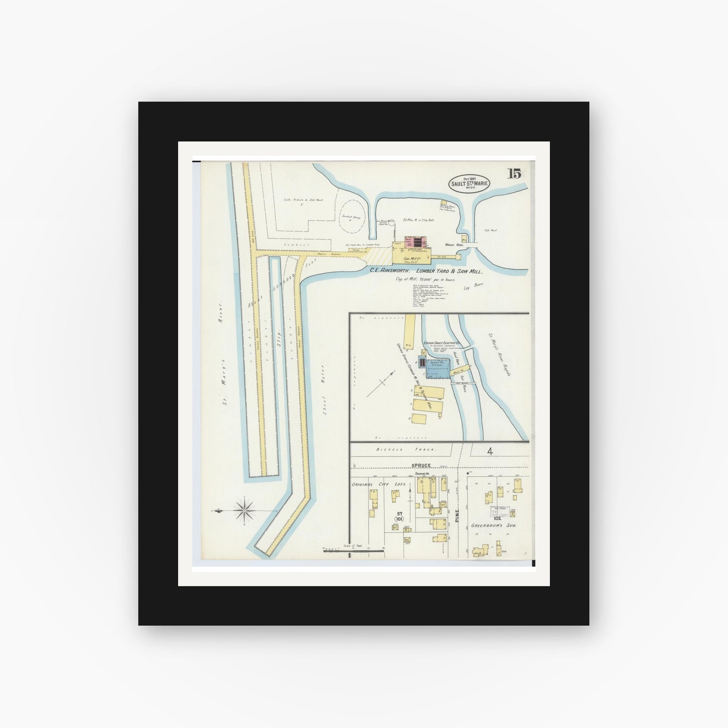 Old map wall art mockup — black gallery frame with white mat — Sanborn Fire Insurance Map from Sault Sainte Marie, Chippewa County, Michigan (1897), Sheet #0015