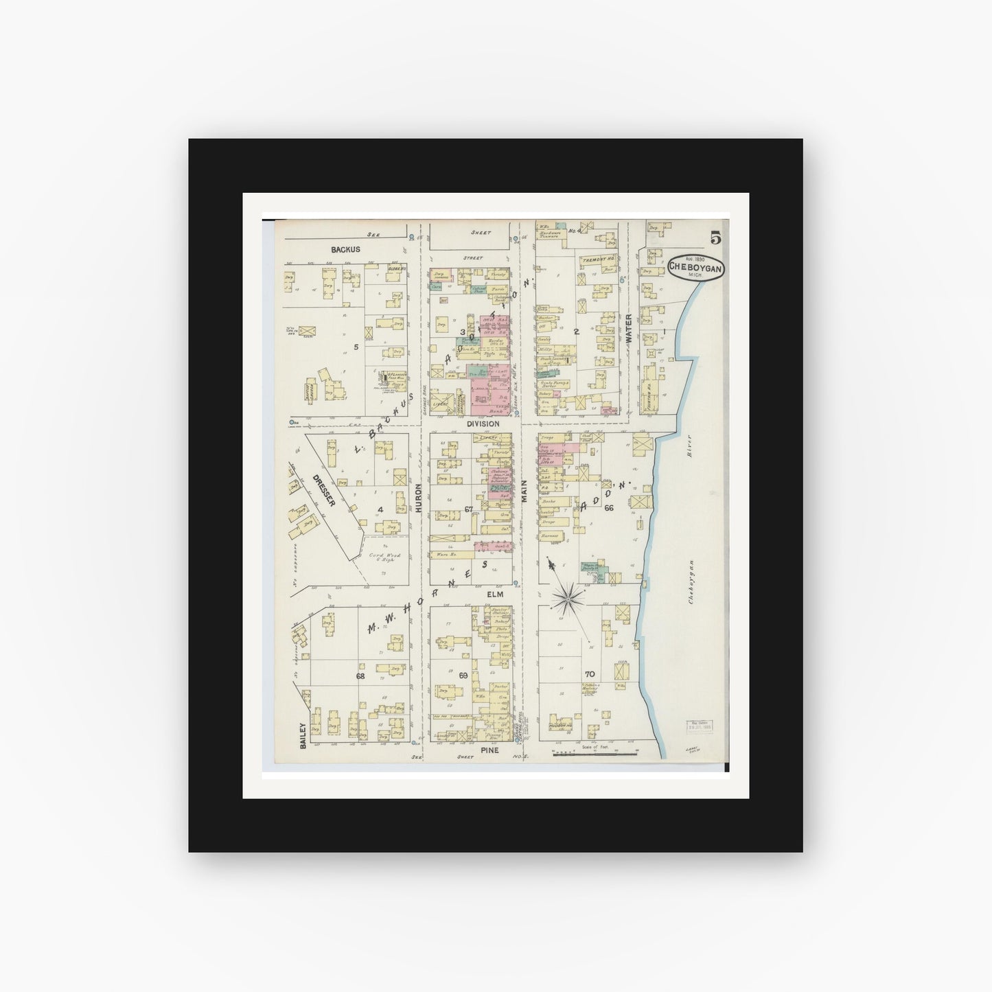 Old map wall art mockup — black gallery frame with white mat — Sanborn Fire Insurance Map from Cheboygan, Cheboygan County, Michigan (1890), Sheet #0005